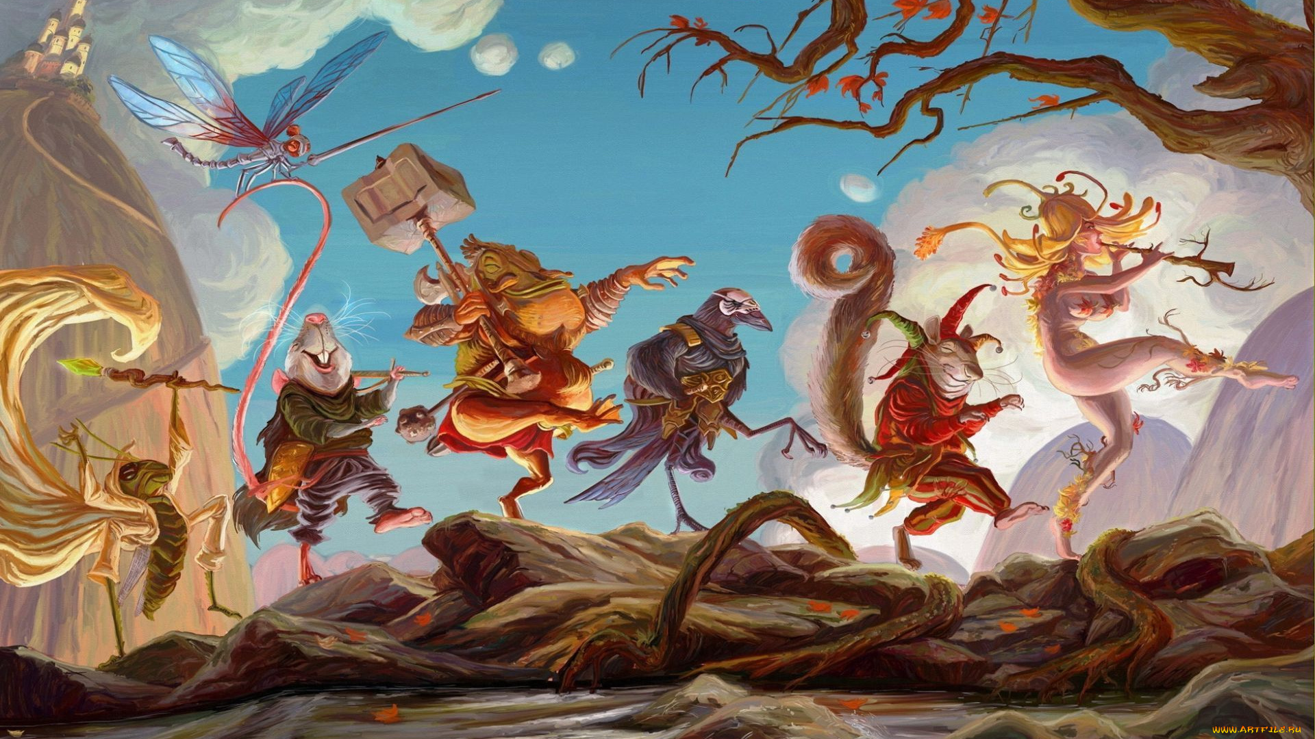 фэнтези, существа, стрекоза, ворон, крыса, кузнечик