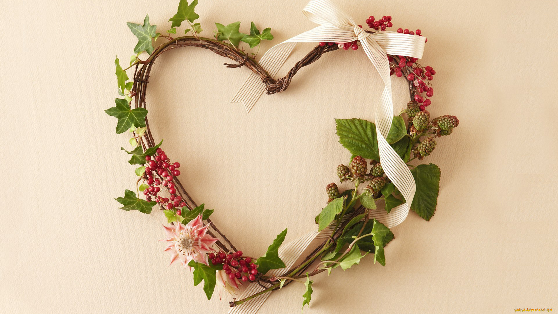 праздничные, день, св, валентина, сердечки, любовь, лента, стебли, ветки, цветы, растения, ягоды, венок