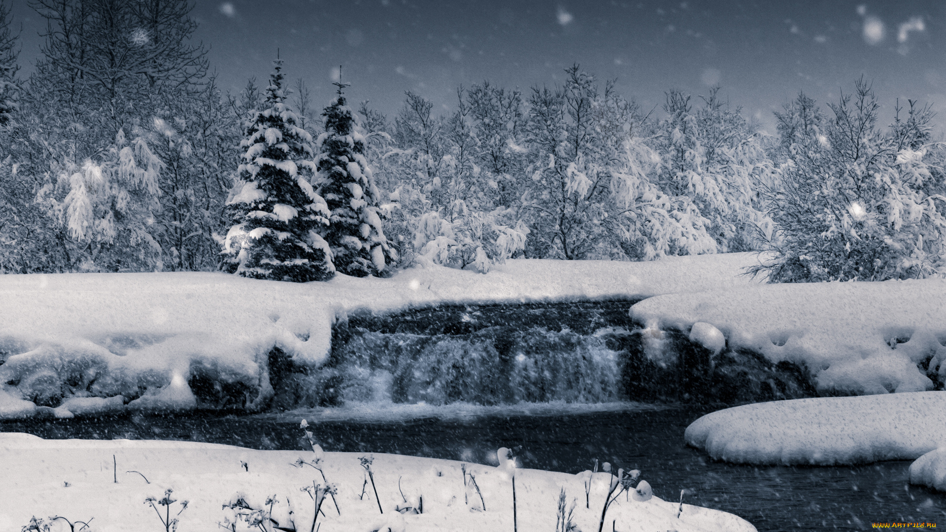 природа, зима, снег, лес, снежинки