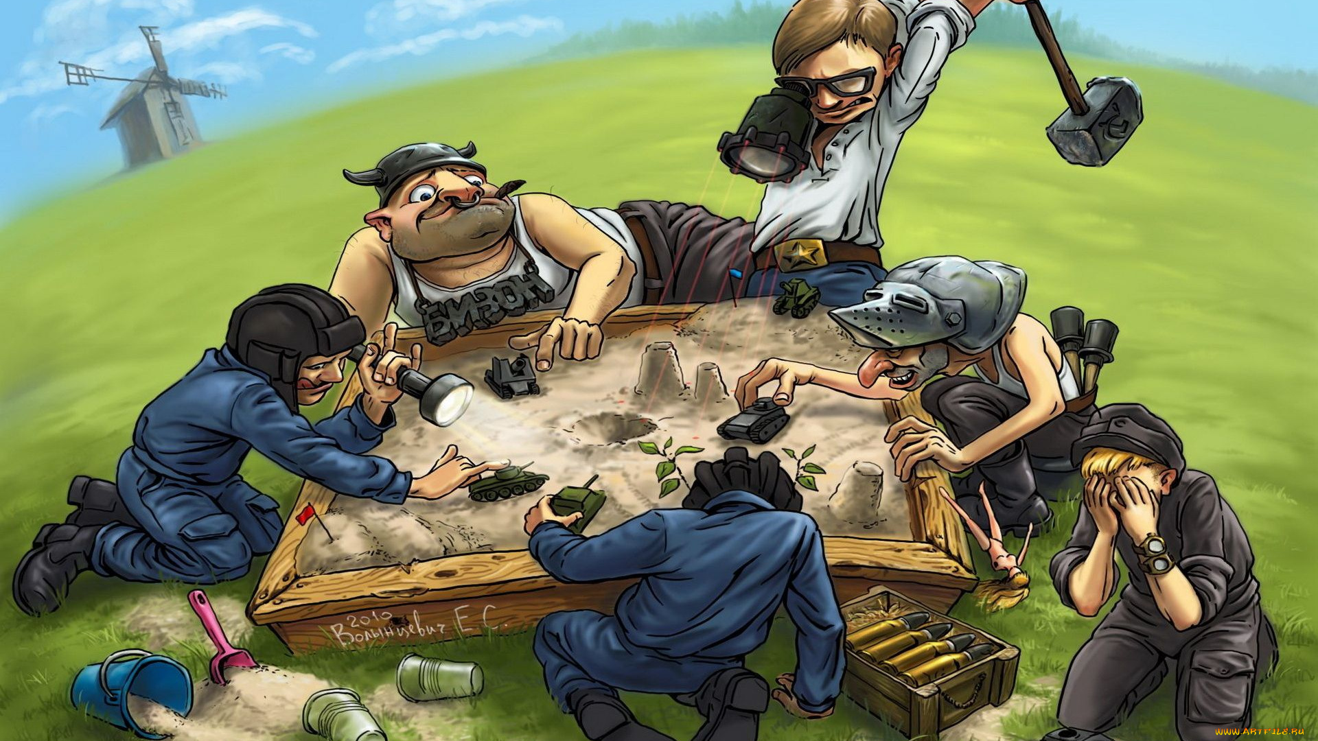 рисованные, люди, арт, песоцница, world, of, tanks, игра