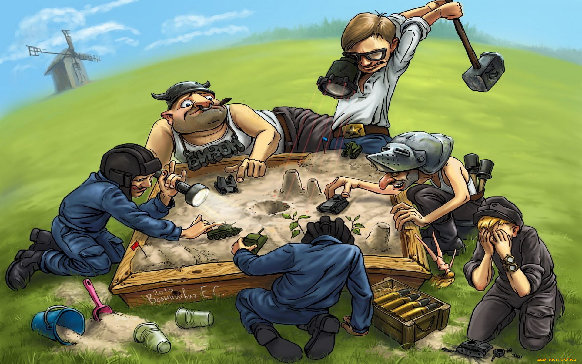 рисованные, люди, арт, песоцница, world, of, tanks, игра