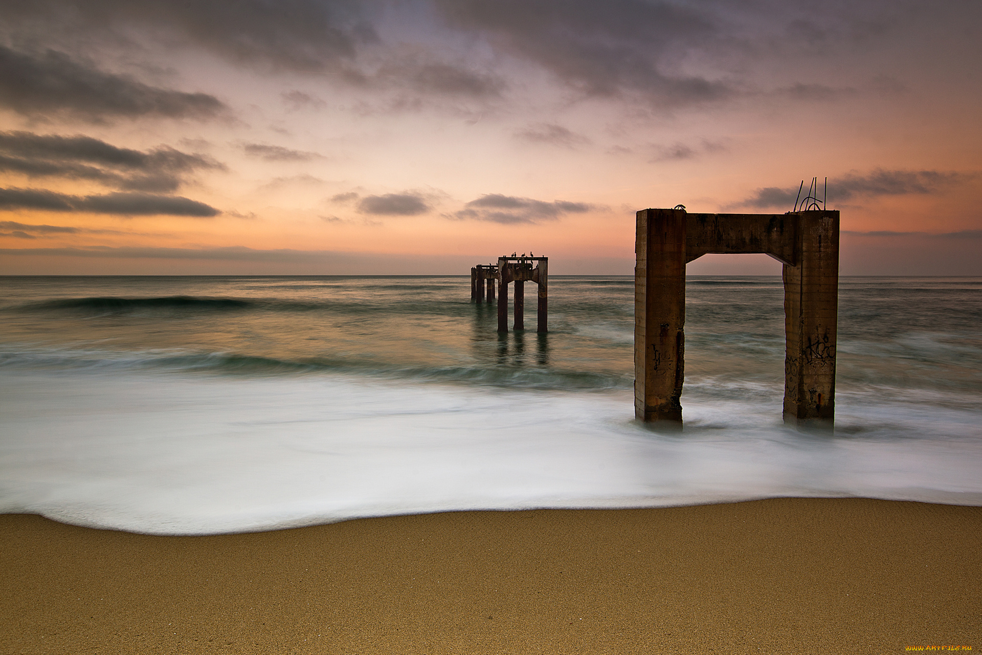 природа, побережье, море, сваи