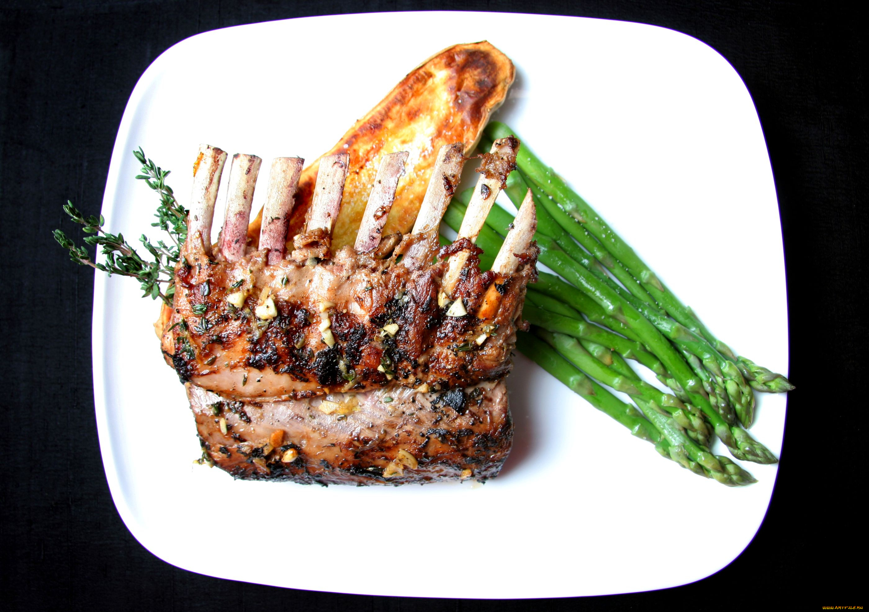 еда, мясные, блюда, спаржа, ребрышки