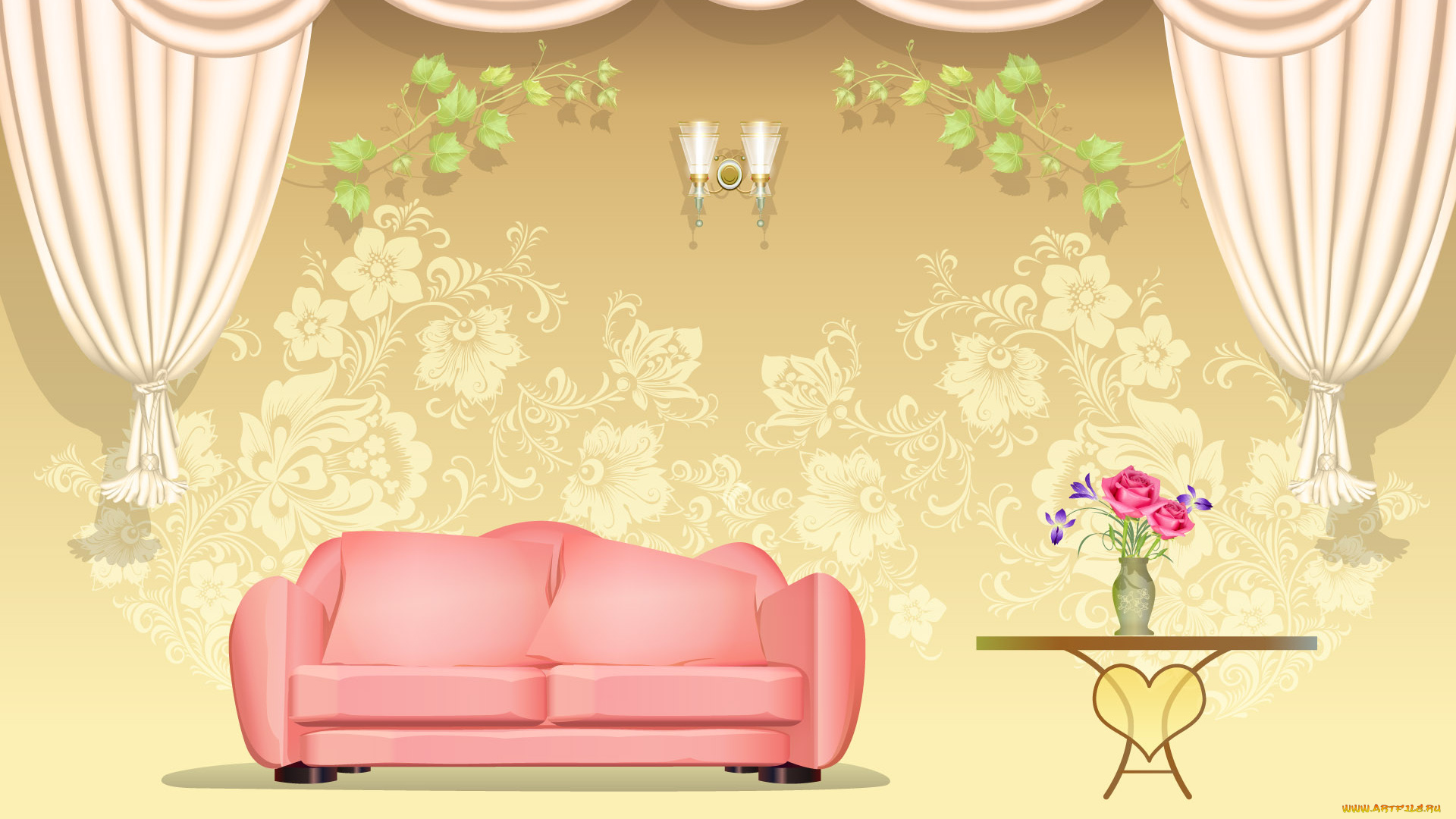 векторная, графика, диван, шторы, дезайн, интерьер, ваза, столик, цветы, бра