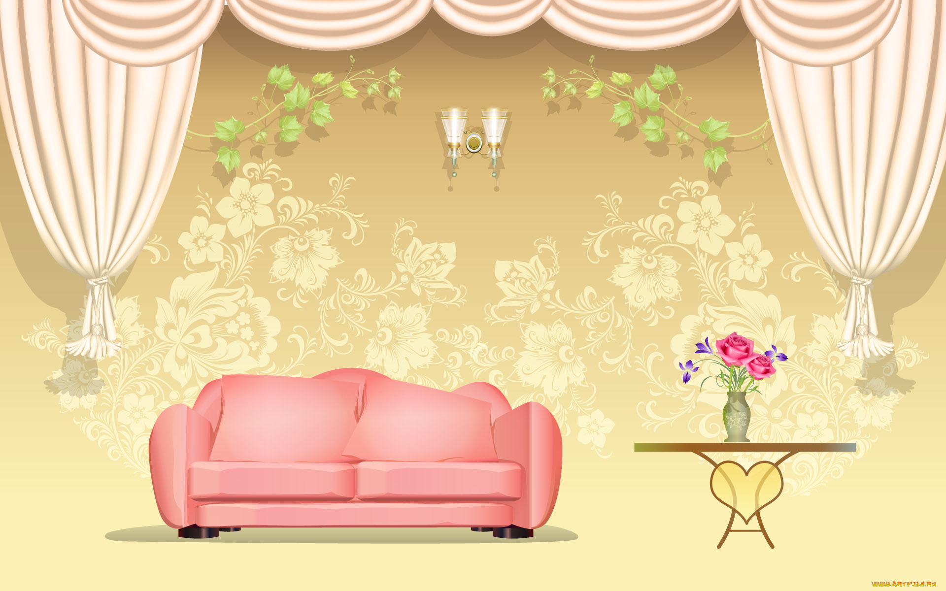 векторная, графика, диван, шторы, дезайн, интерьер, ваза, столик, цветы, бра