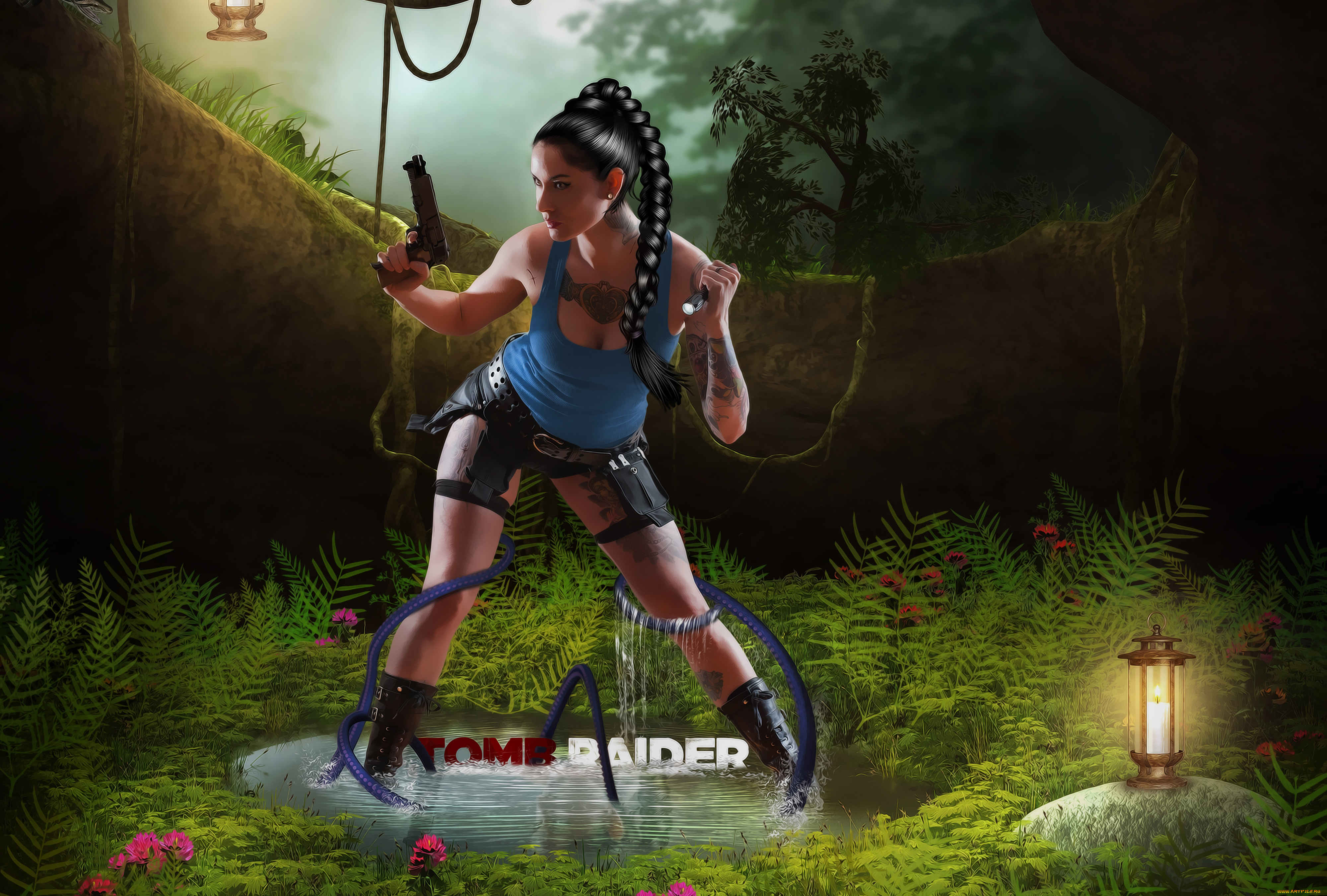 рисованные, люди, пистолет, лампа, свеча, джунгли, лара, крофт, веревка, майка, цветы, тату, коса, фонарь