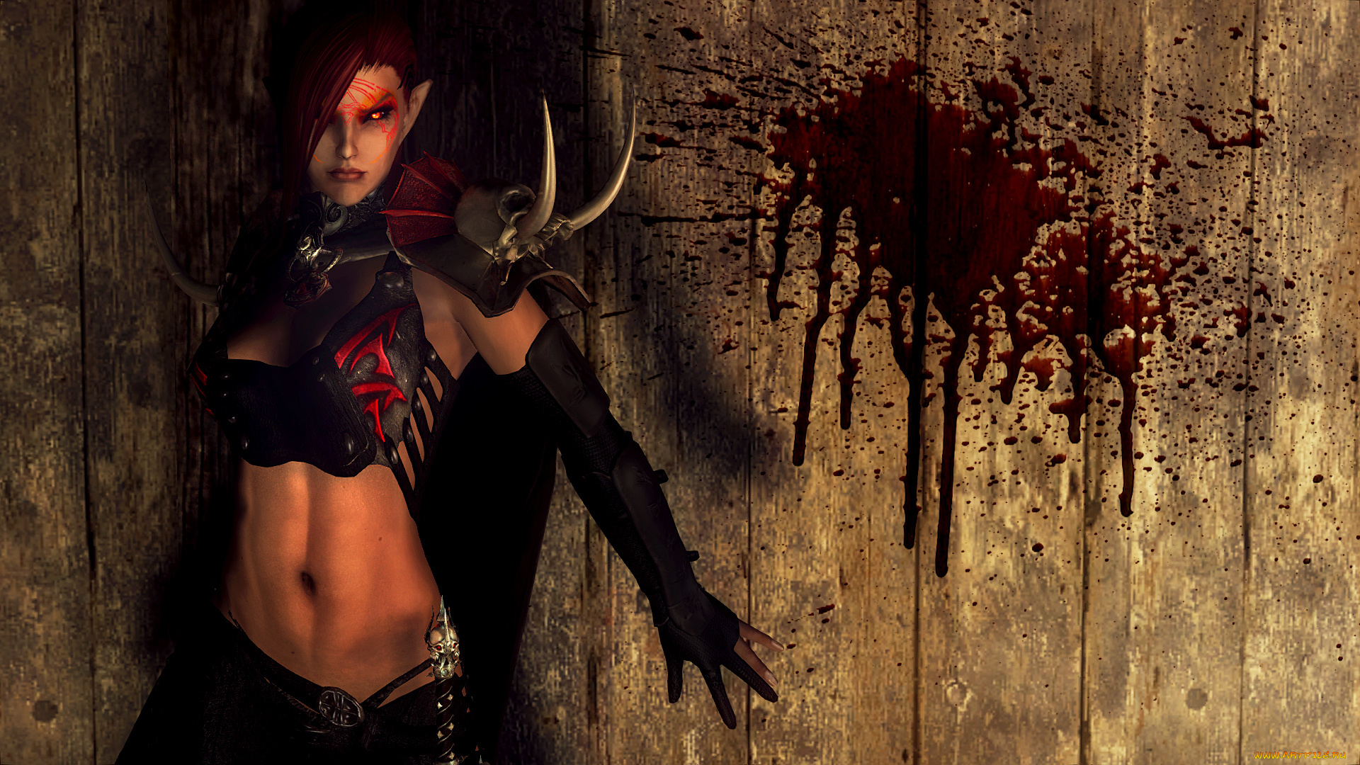 the, elder, scrolls, v, , skyrim, видео, игры, светящиеся, глаза, девушка, эльф, кровь, стена