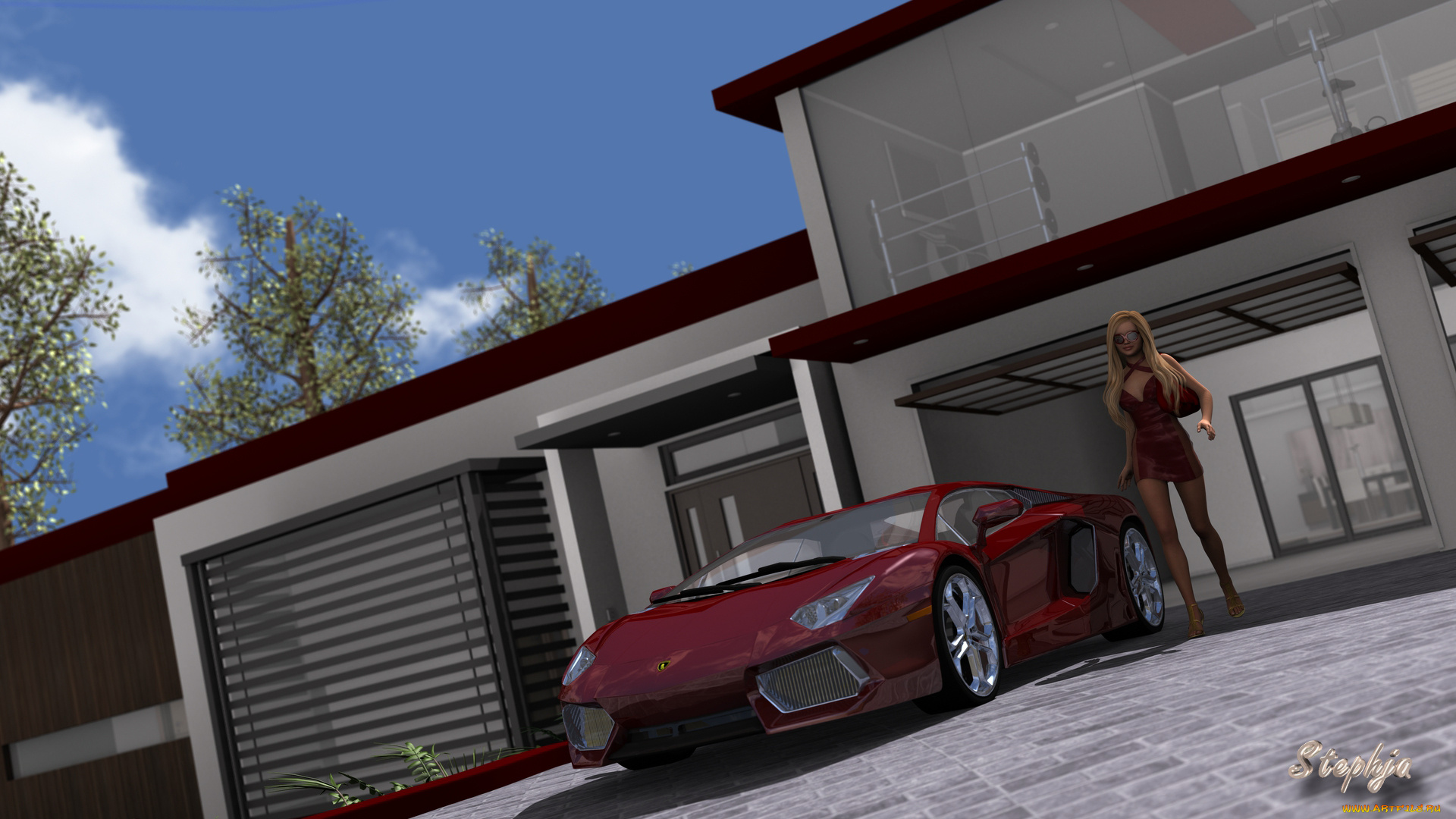 автомобили, 3d, car&girl, девушка, взгляд, фон, автомобиль