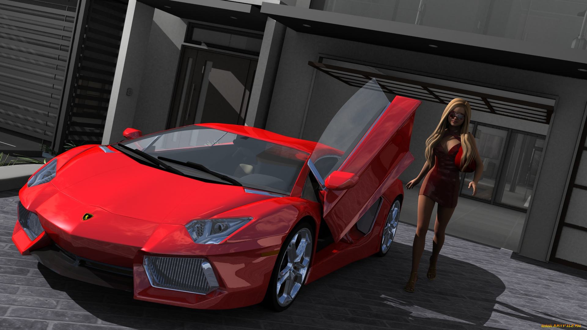 автомобили, 3d, car&girl, девушка, взгляд, фон, автомобиль