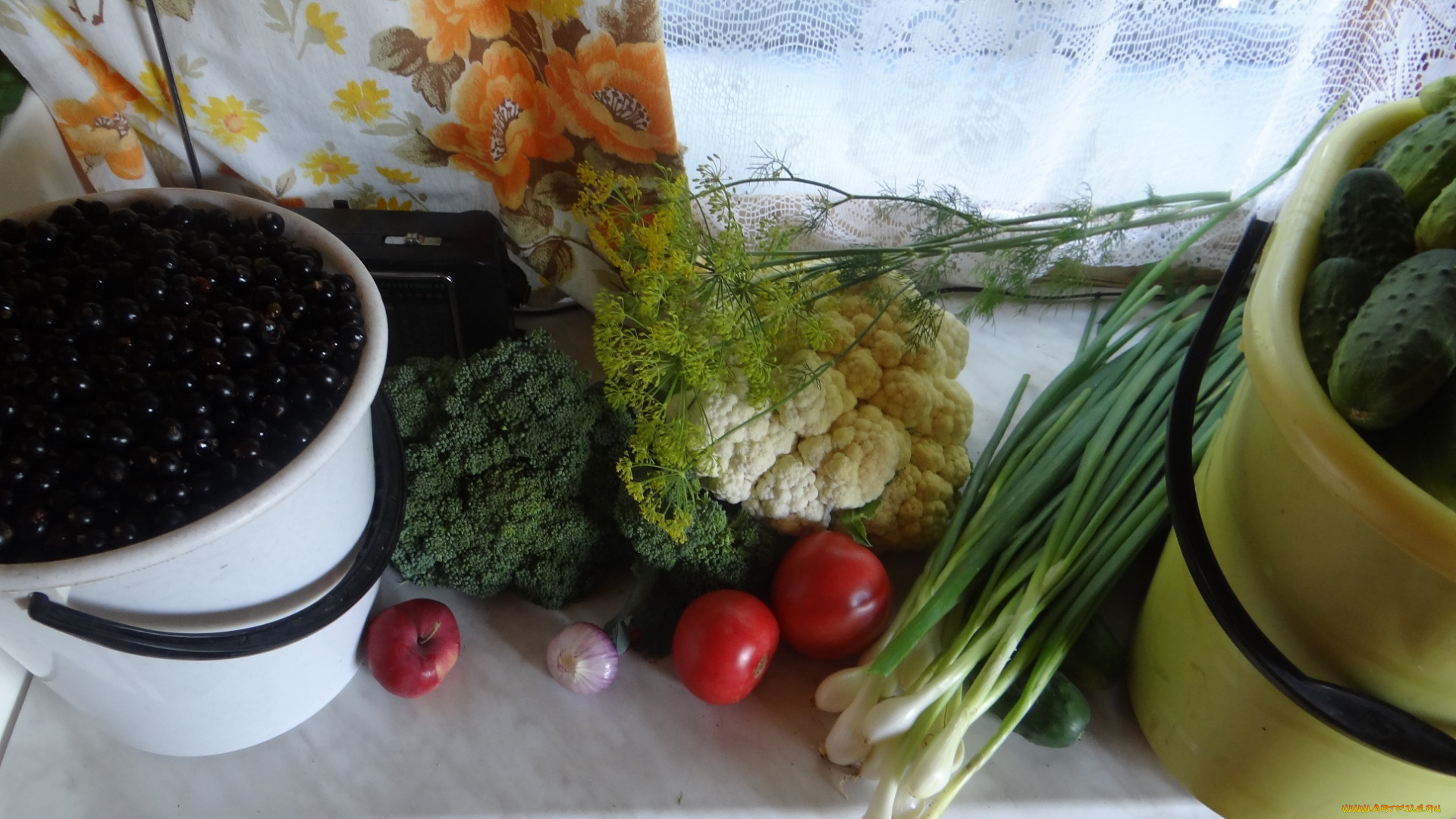 еда, фрукты, и, овощи, вместе, зелень, капуста, укроп, лук, помидоры, яблоко, ягоды