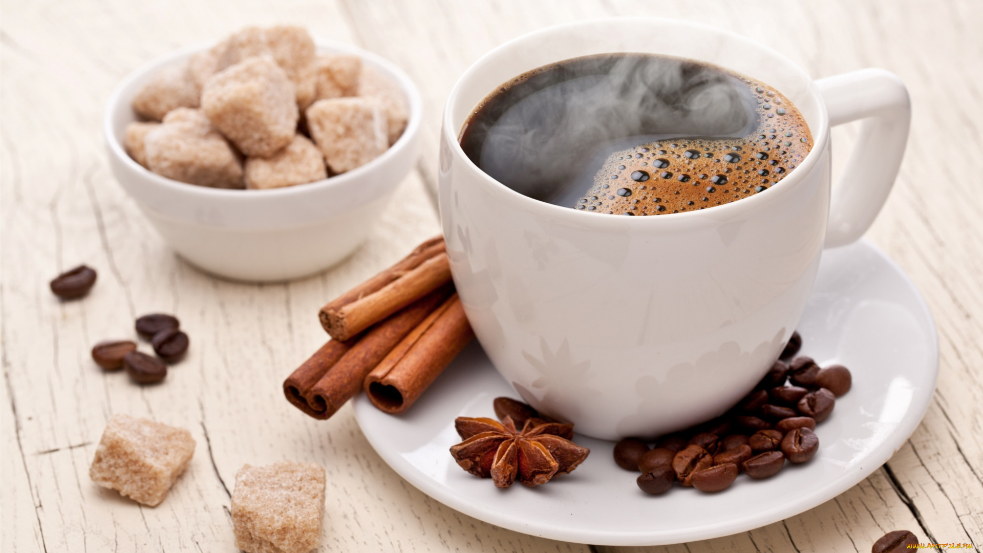 еда, кофе, , кофейные, зёрна, сахар, корица, чашка, зерна