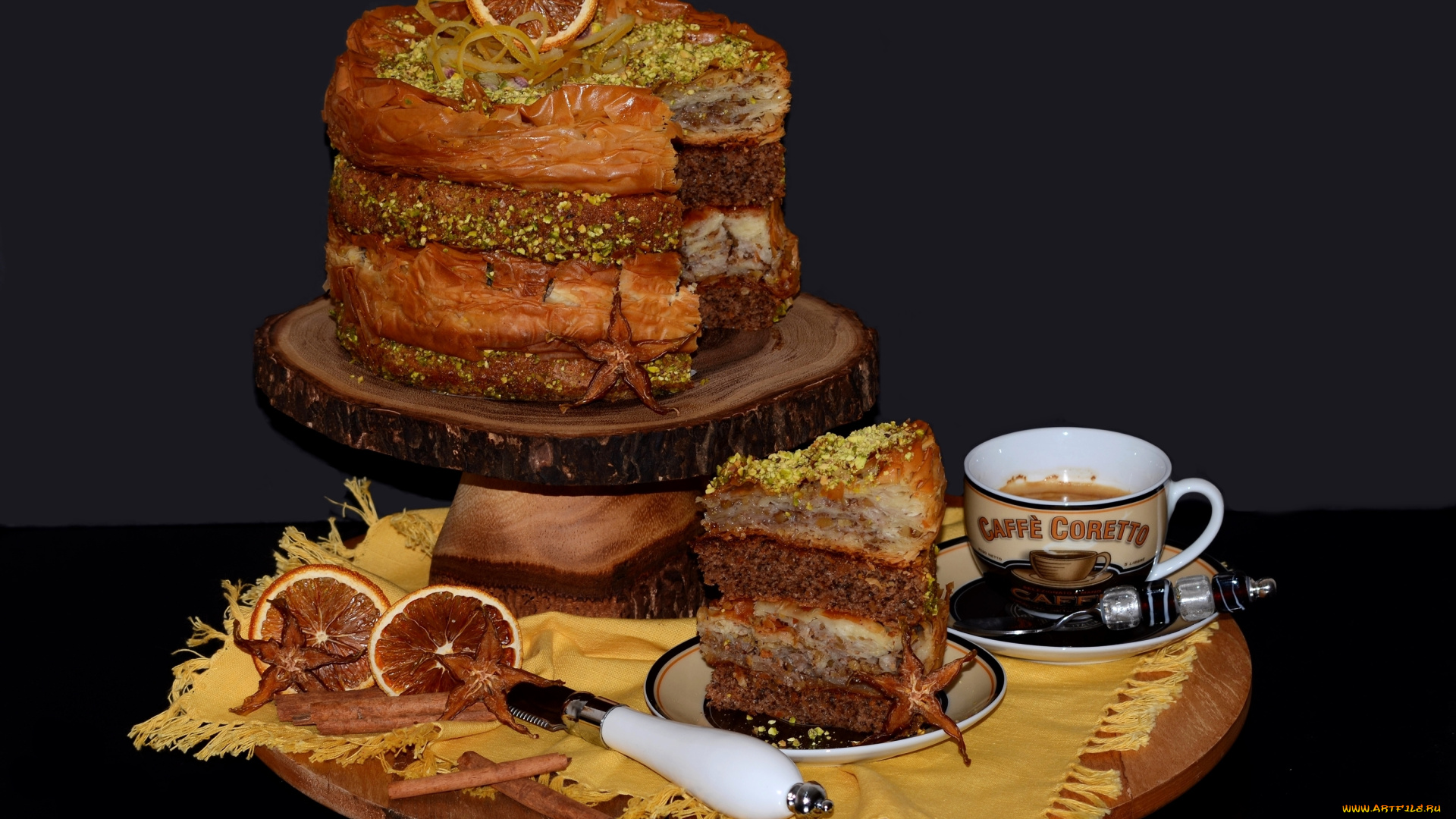 еда, торты, слои, торт, карамбола, пахлава, кофе, корица, апельсин