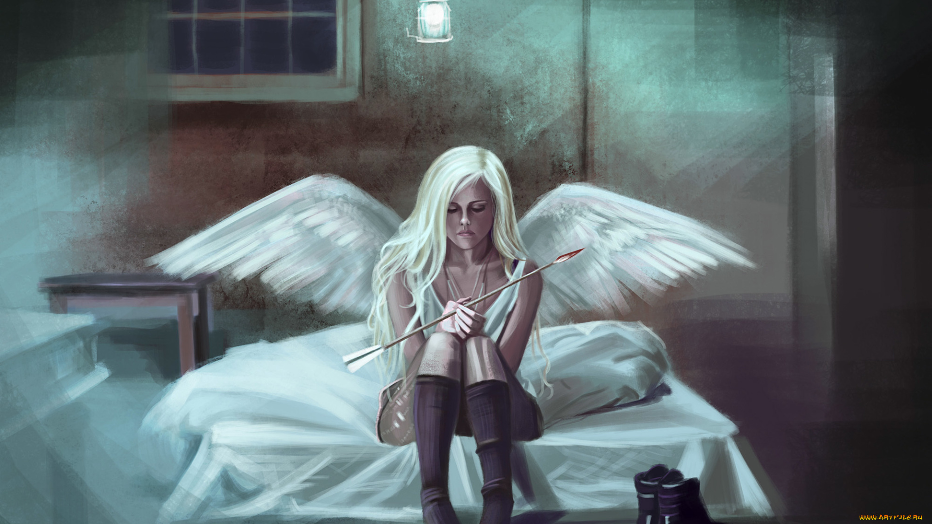 фэнтези, ангелы, девушка, блондинка, ангел, крылья, сидит, комната
