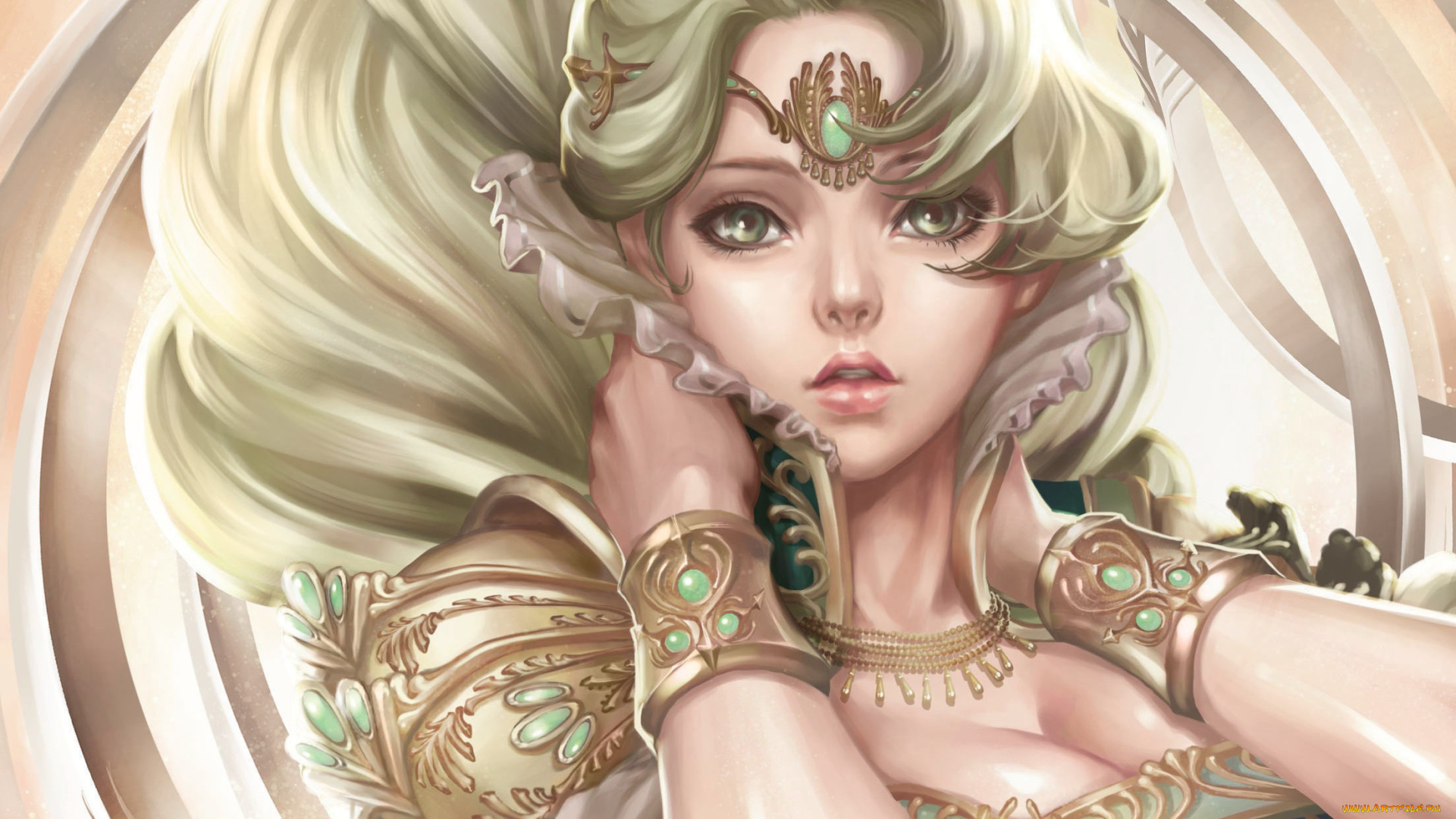 фэнтези, девушки, девушка, арт, диадема, украшения, круги, браслеты, воротник, платье, луки