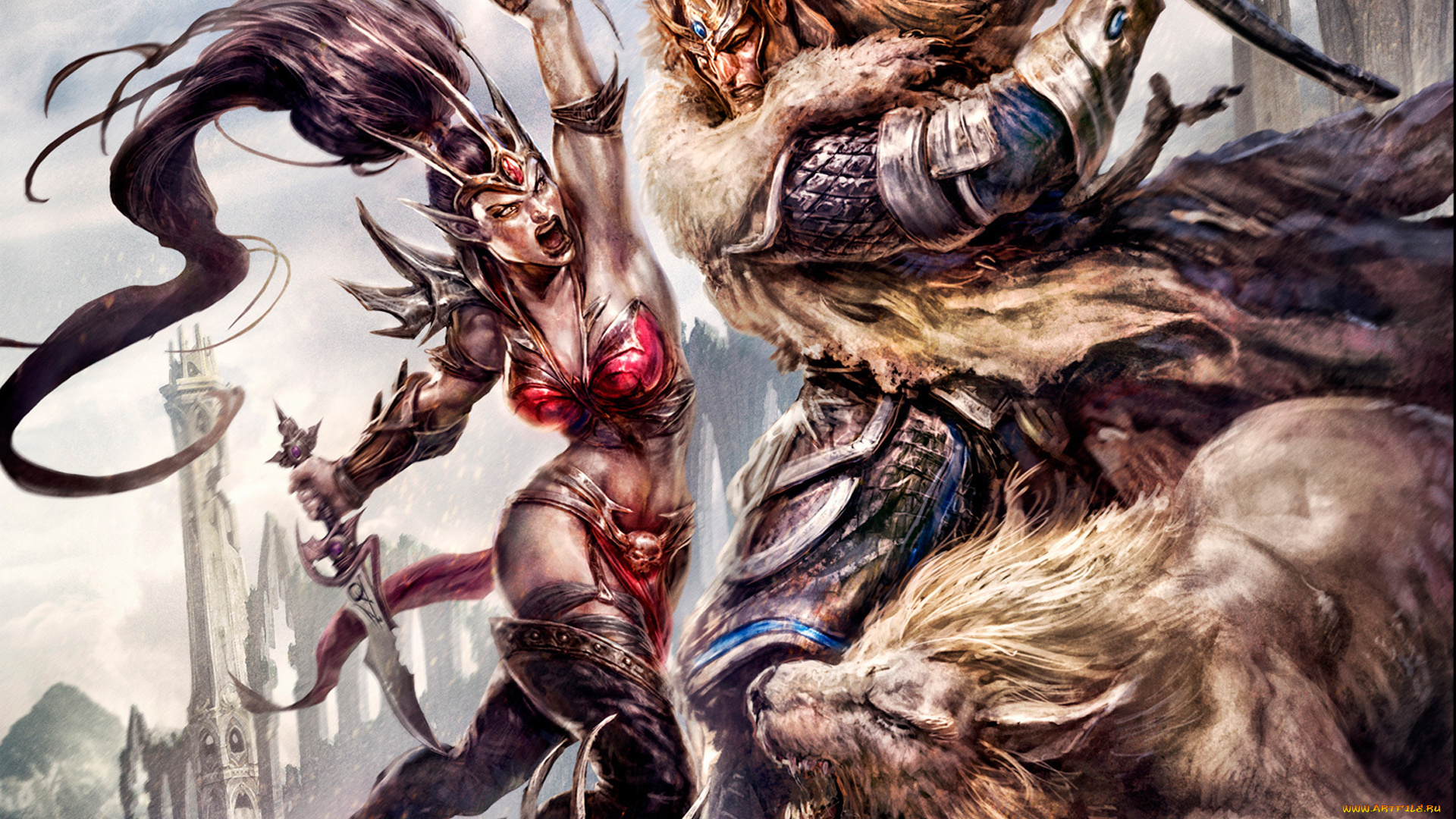 фэнтези, люди, зверь, схватка, меч, воин, девушка