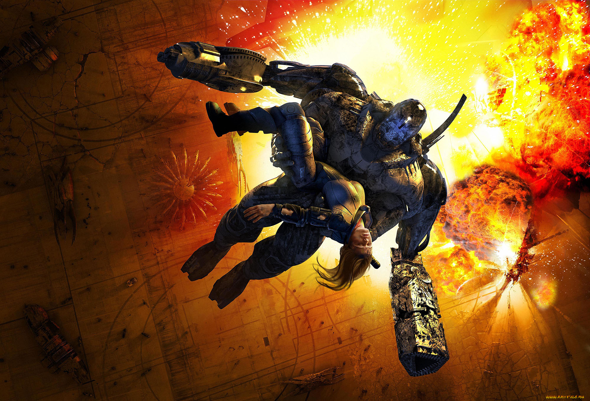 фэнтези, красавицы, и, чудовища, высота, взрывы, огонь, робот, девушка, арт