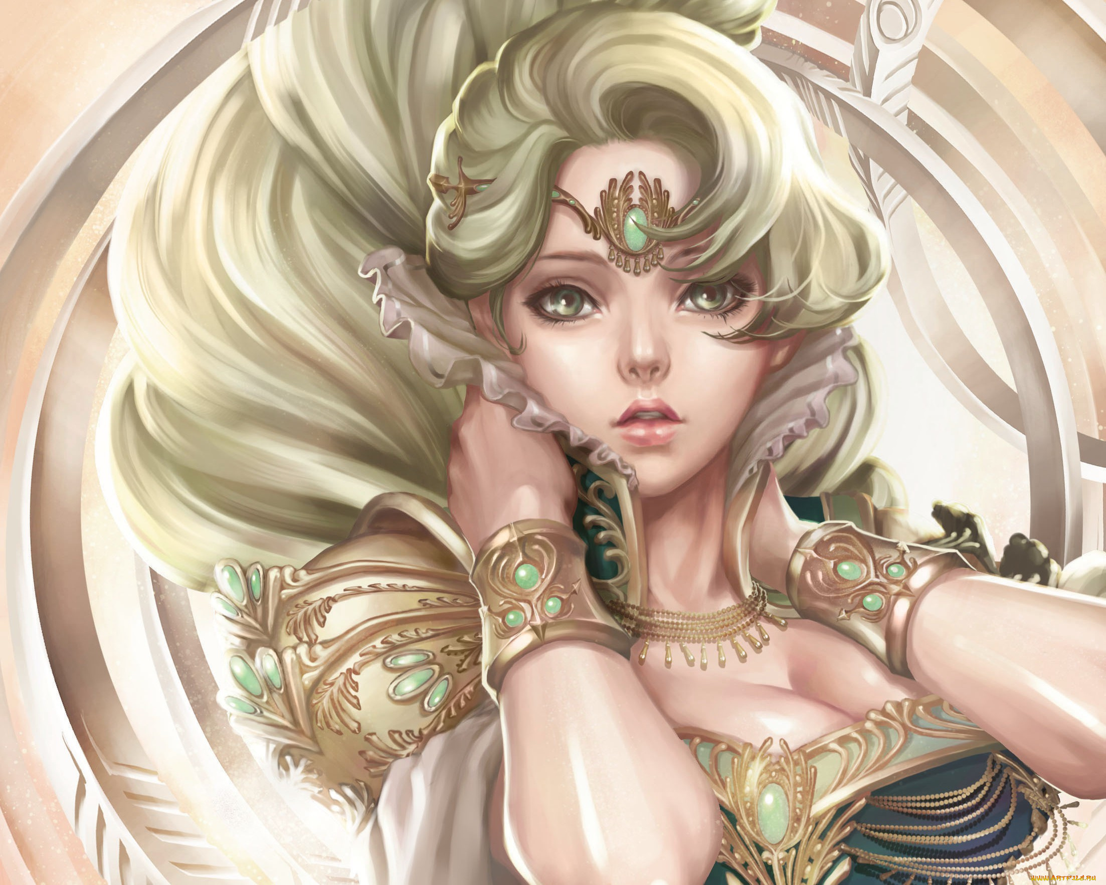 фэнтези, девушки, девушка, арт, диадема, украшения, круги, браслеты, воротник, платье, луки