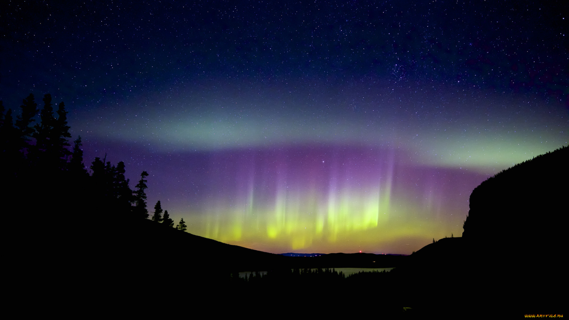 природа, северное, сияние, силуэты, северное, сияние, звезды, ночь