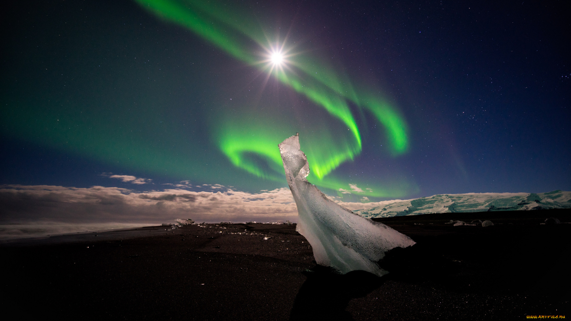 природа, северное, сияние, тень, северное, сияние, лед, луна, горы