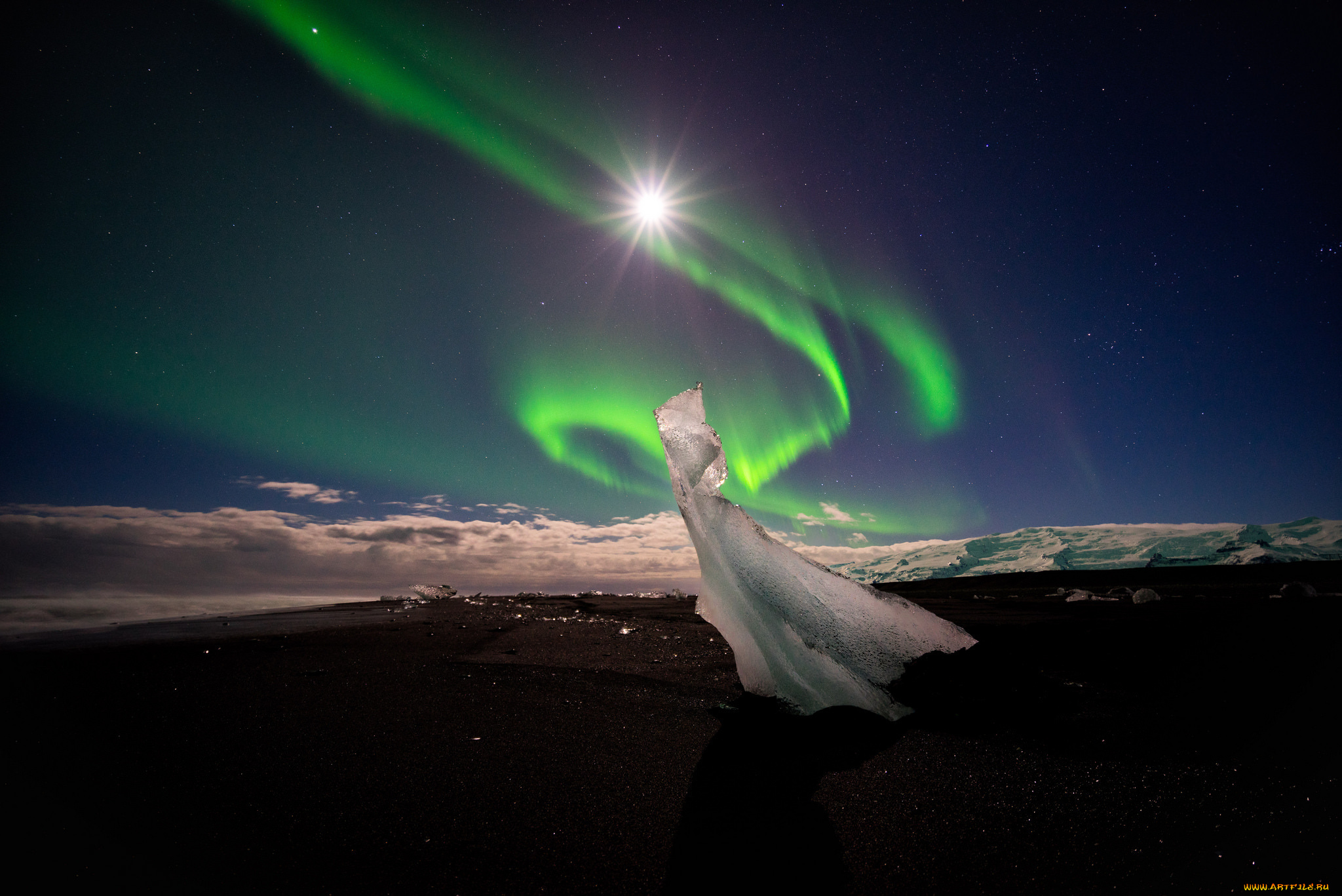 природа, северное, сияние, тень, северное, сияние, лед, луна, горы