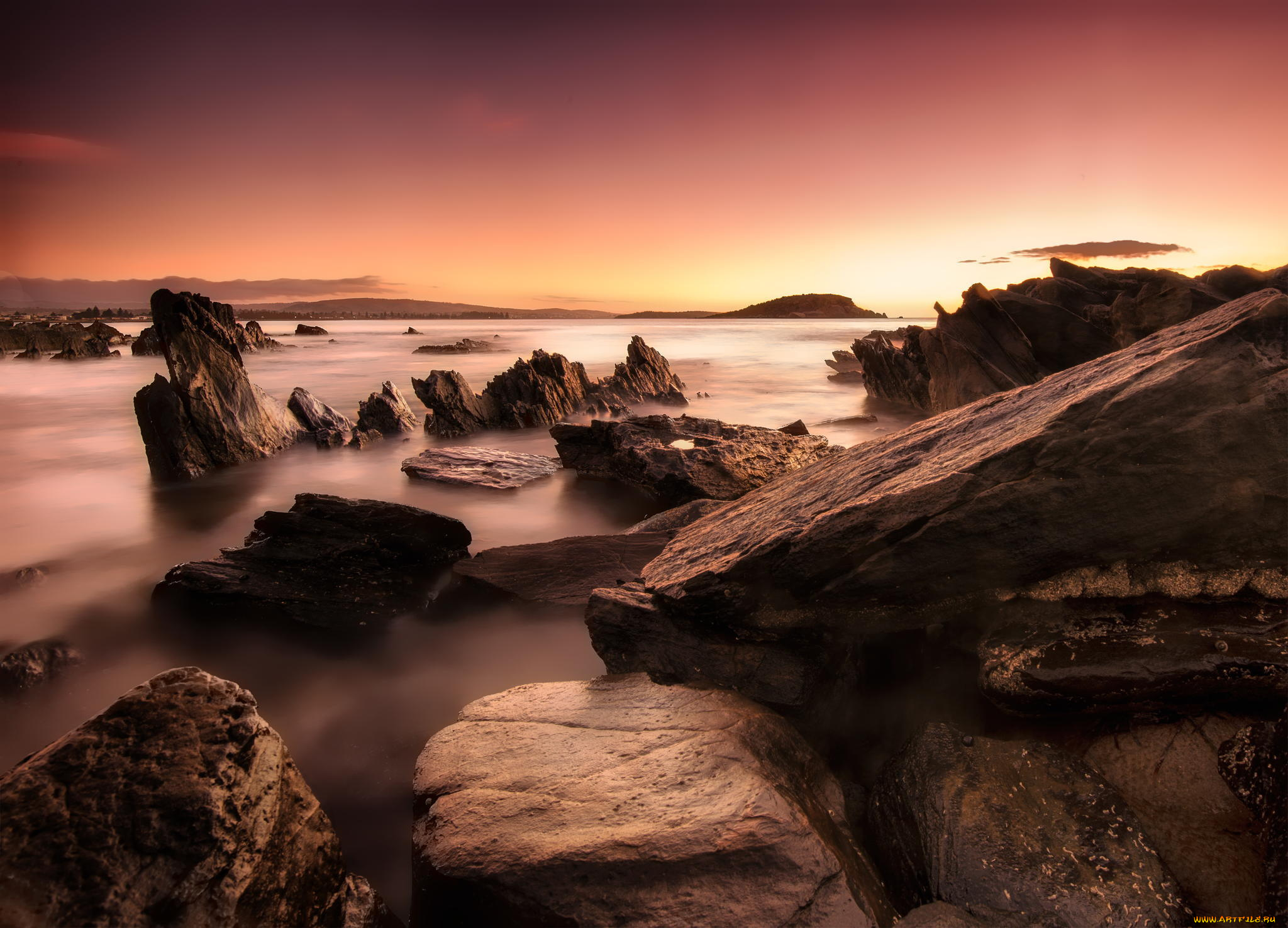 природа, побережье, камни, пейзаж, рассвет, океан, берег