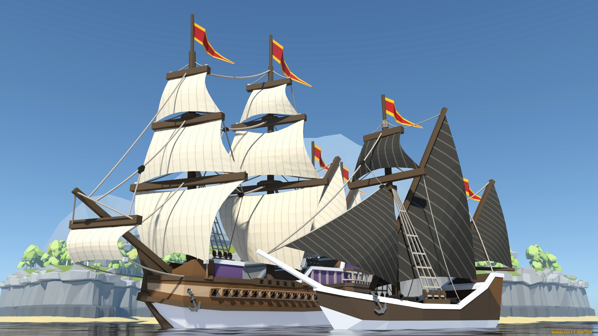 корабли, рисованные, парусники, море
