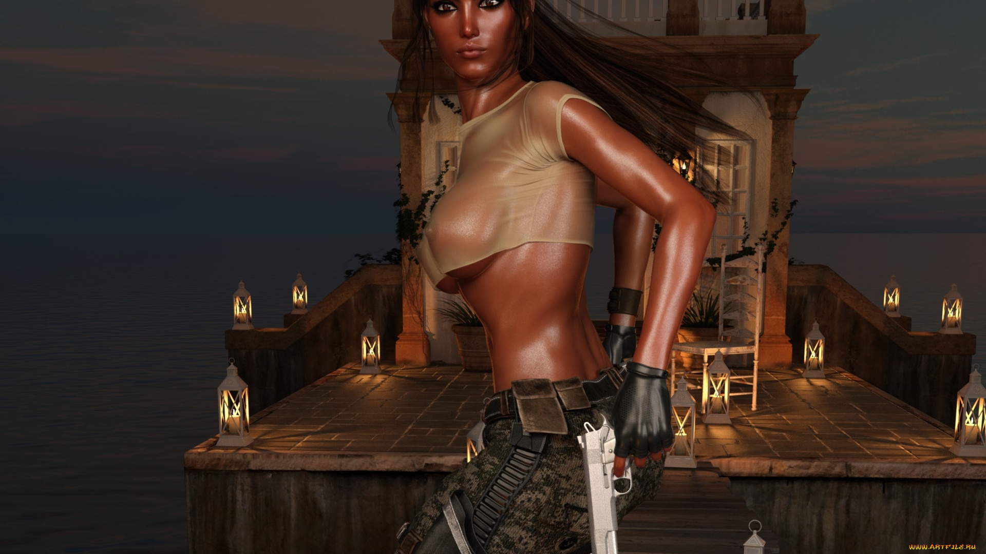 3д, графика, фантазия, , fantasy, девушка, взгляд, фон, оружие