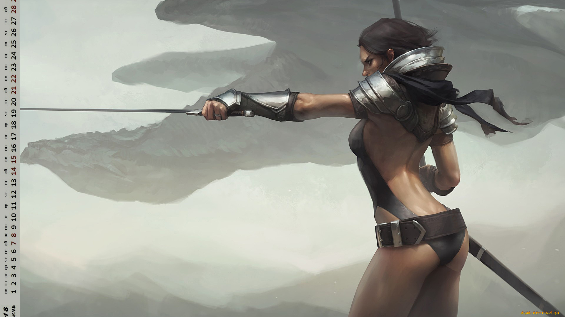 календари, фэнтези, девушка, оружие, профиль