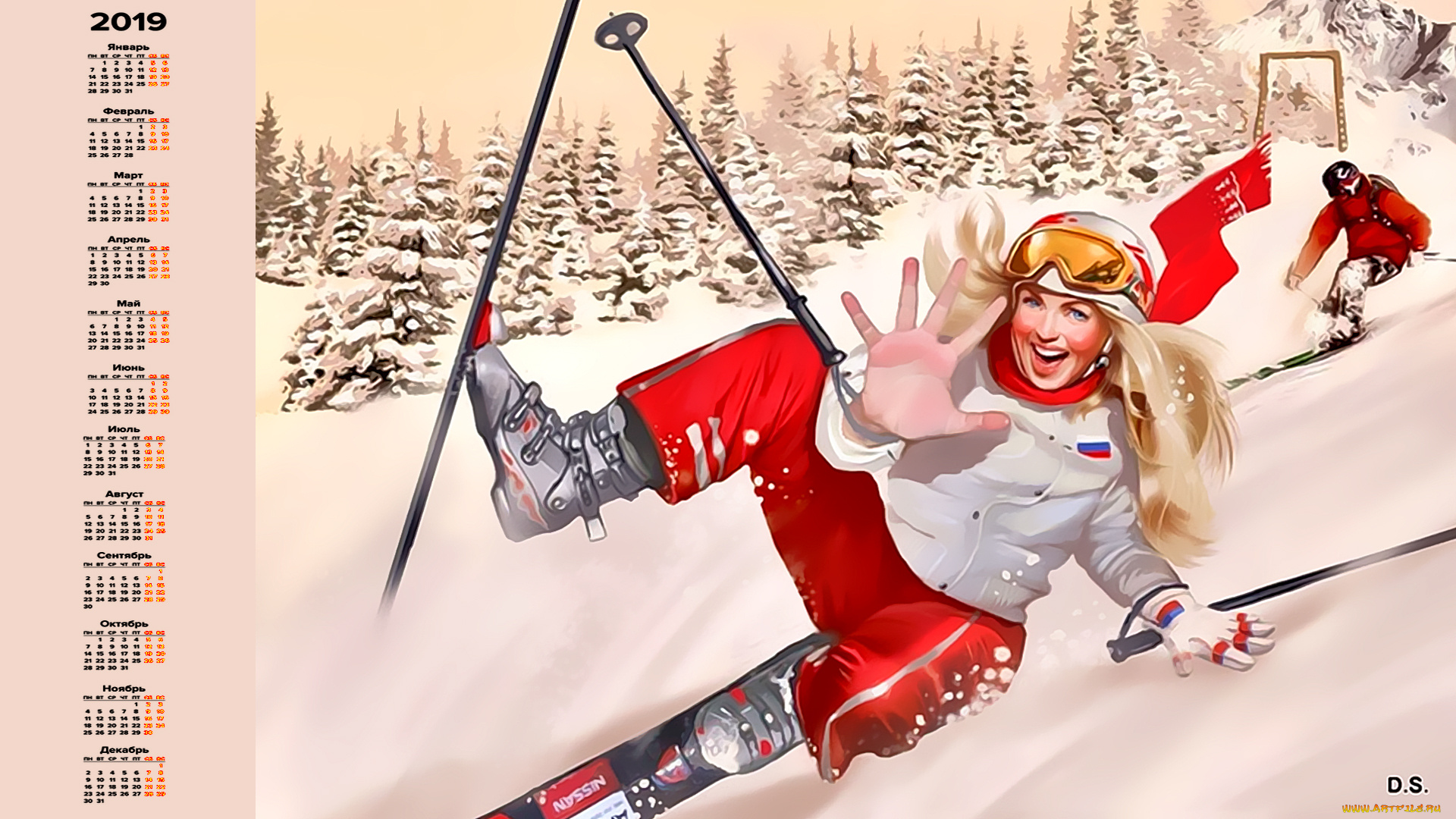 календари, рисованные, , векторная, графика, взгляд, девушка, эмоции, снег, лыжи