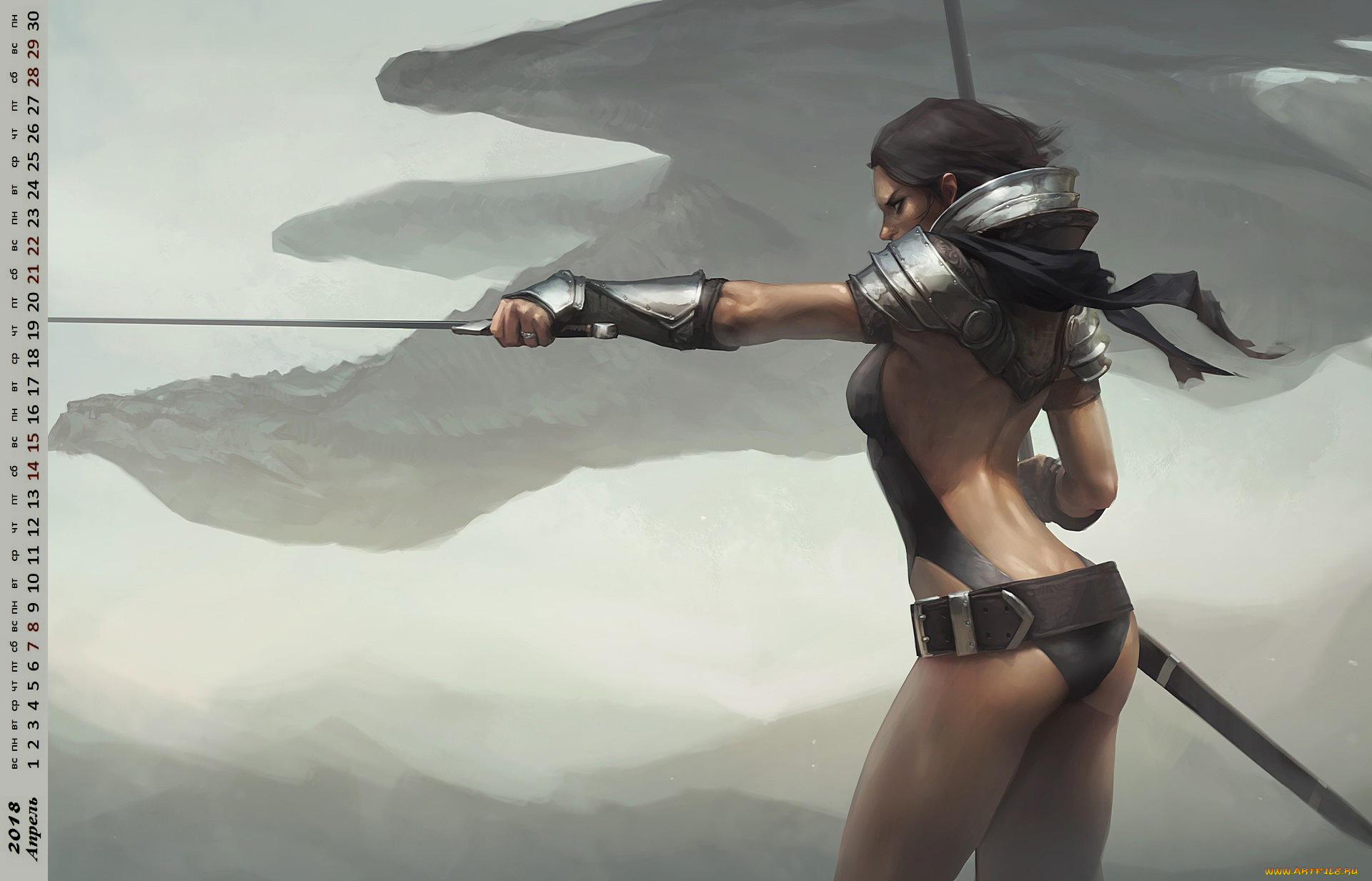 календари, фэнтези, девушка, оружие, профиль