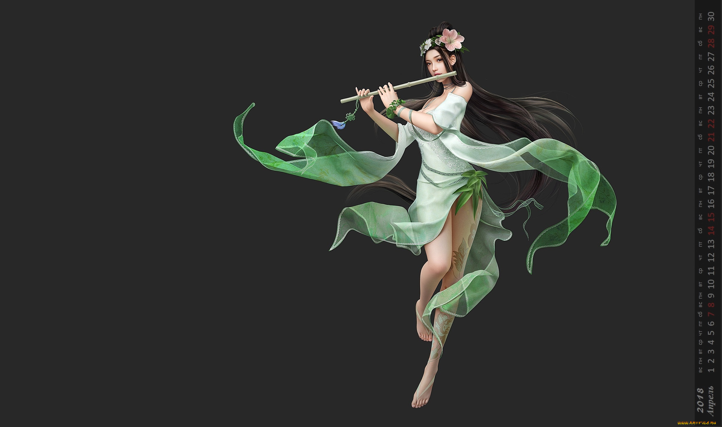 календари, фэнтези, девушка, взгляд, флейта