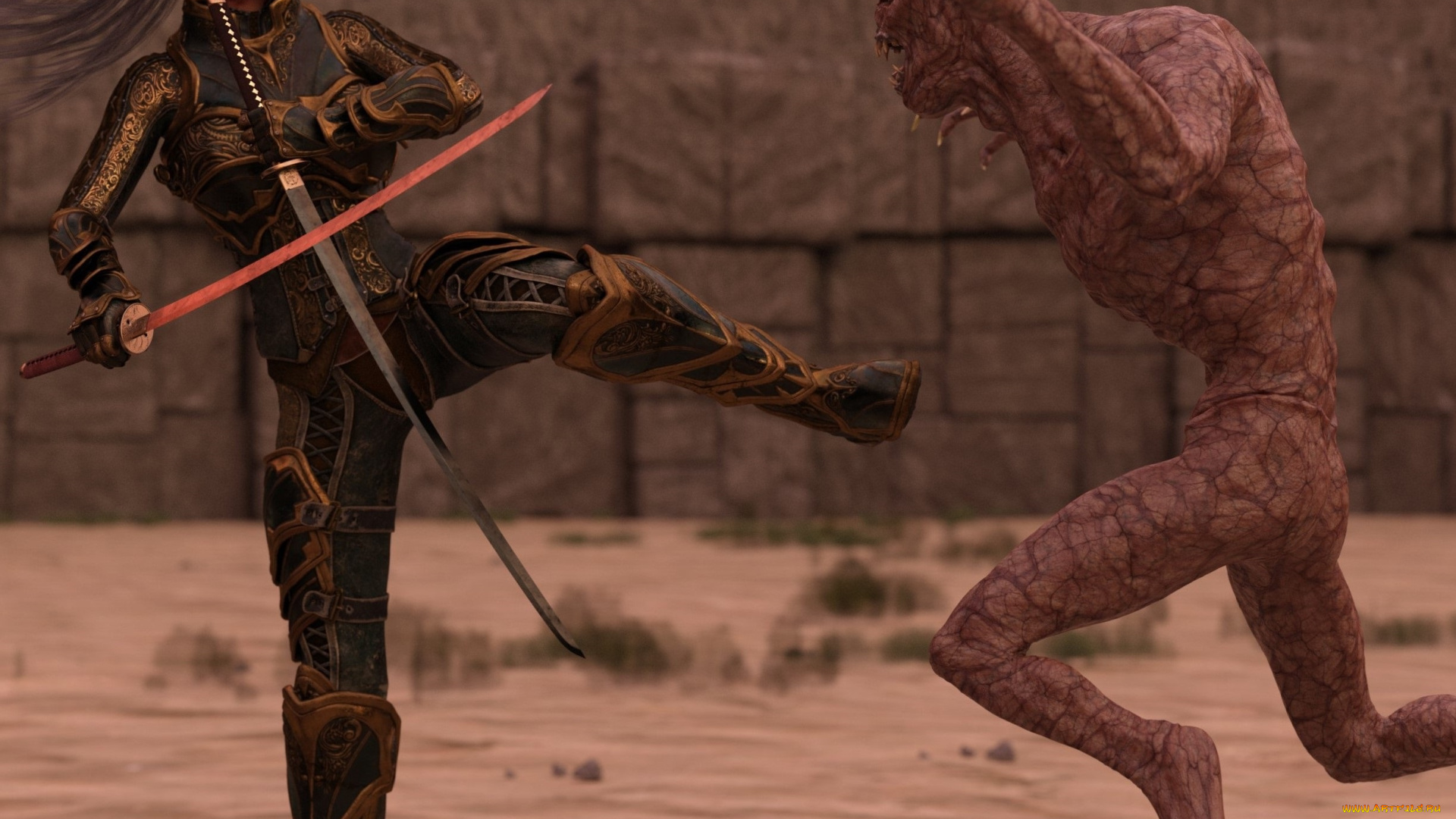 3д, графика, фантазия, , fantasy, девушка, оружие, фон, взгляд