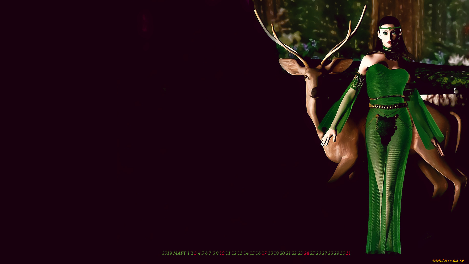 календари, 3д-графика, девушка, олень