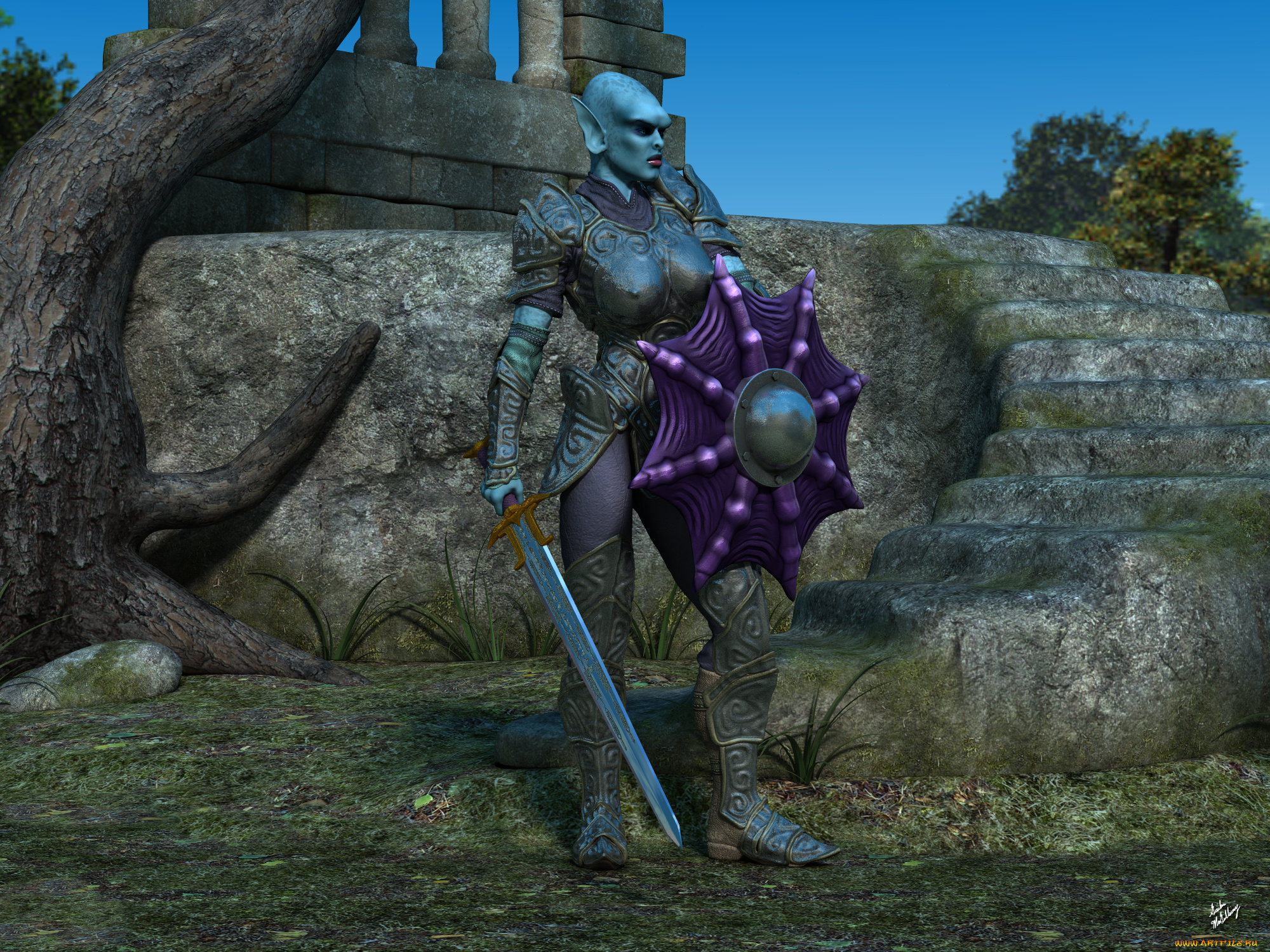 3д, графика, существа, , creatures, оружие, взгляд, эльфийка, фон