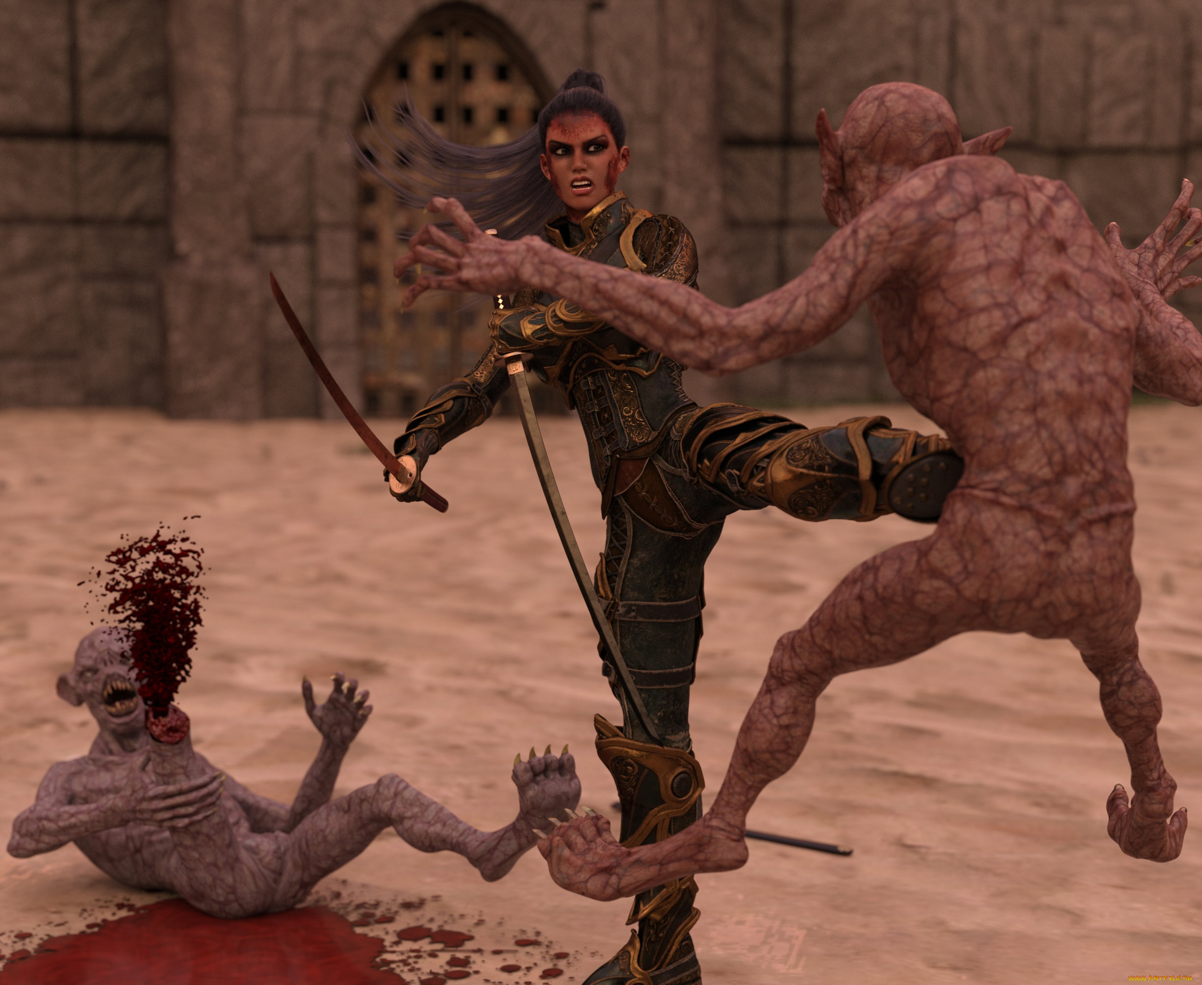 3д, графика, фантазия, , fantasy, оружие, девушка, фон, взгляд