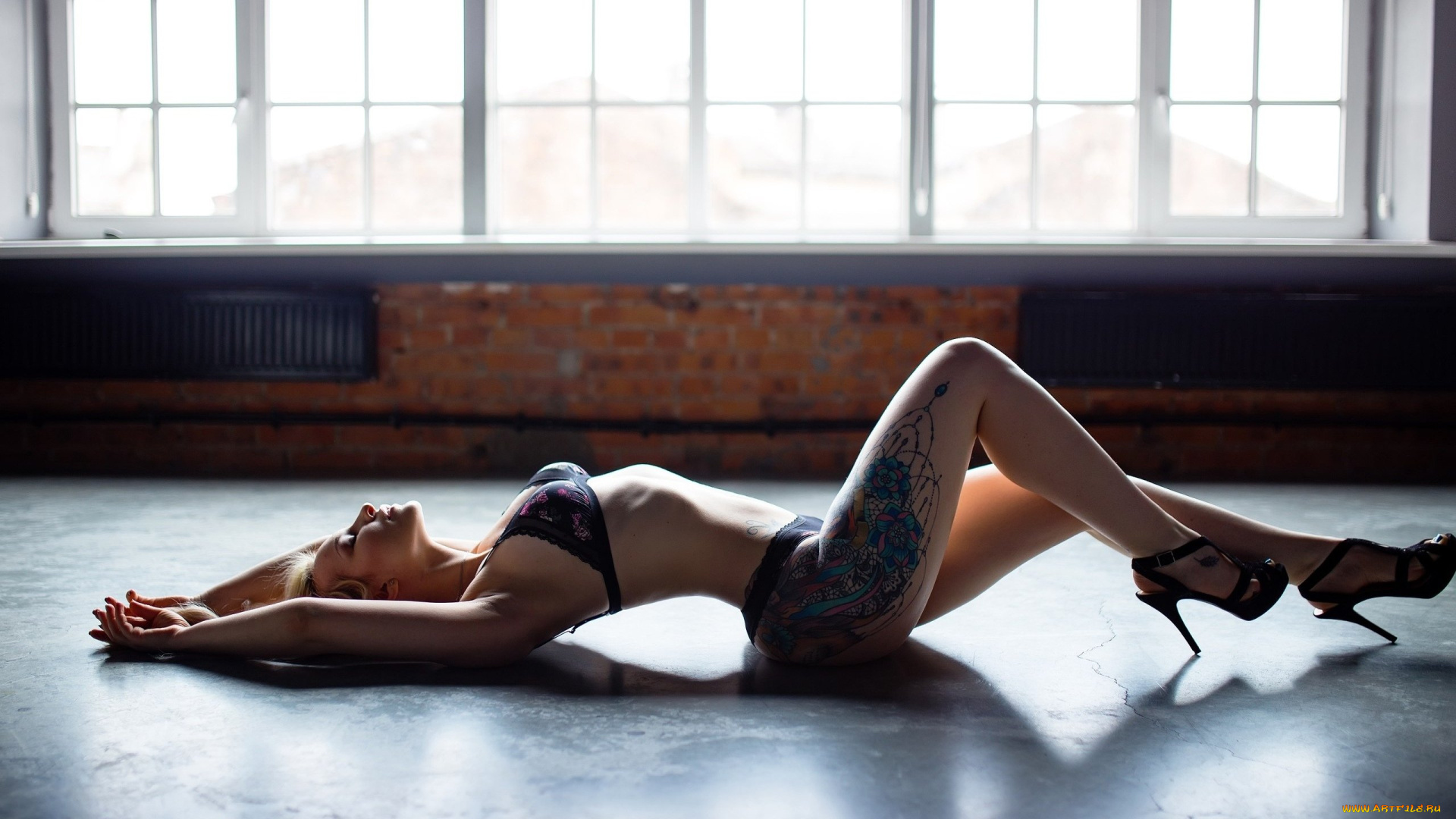 девушки, -, блондинки, , светловолосые, блондинка, белье, тату, каблуки, пол, окна
