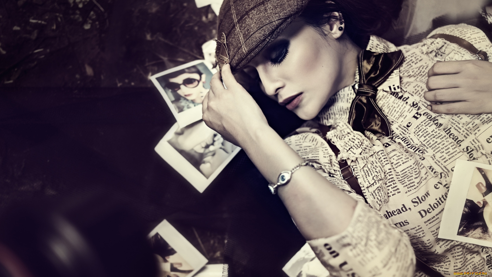 девушки, -, черно-белые, кепка, фотографии, рубашка, бант