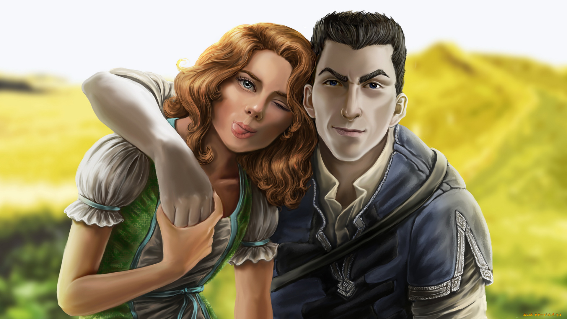 рисованное, люди, девушка, мужчина, фон, взгляд, язык