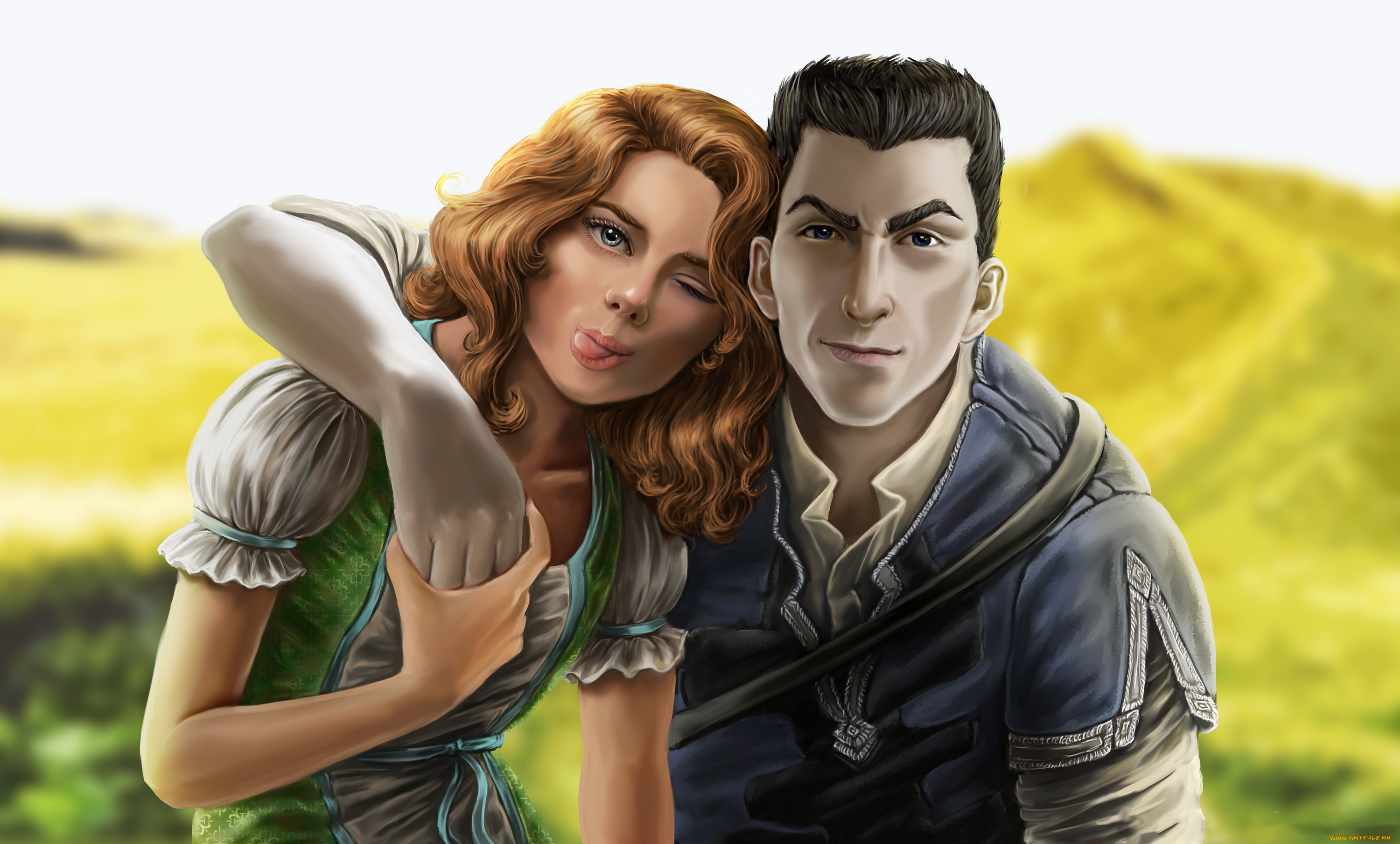 рисованное, люди, девушка, мужчина, фон, взгляд, язык