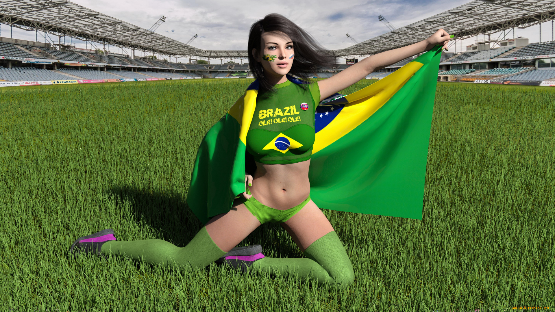 3д, графика, спорт, , sport, девушка, фон, взгляд, униформа, поле, трава