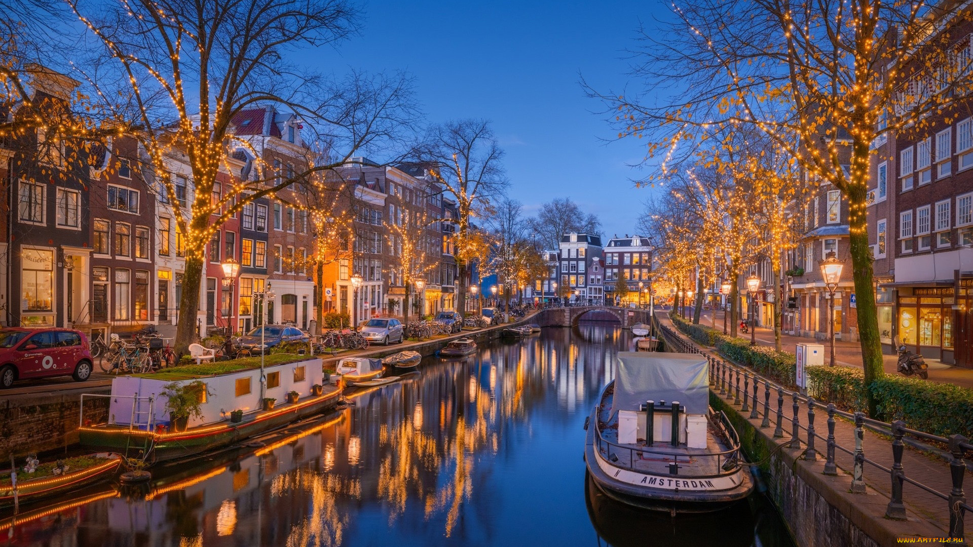 города, амстердам, , нидерланды, канал, лодки, иллюминация, вечер, огни