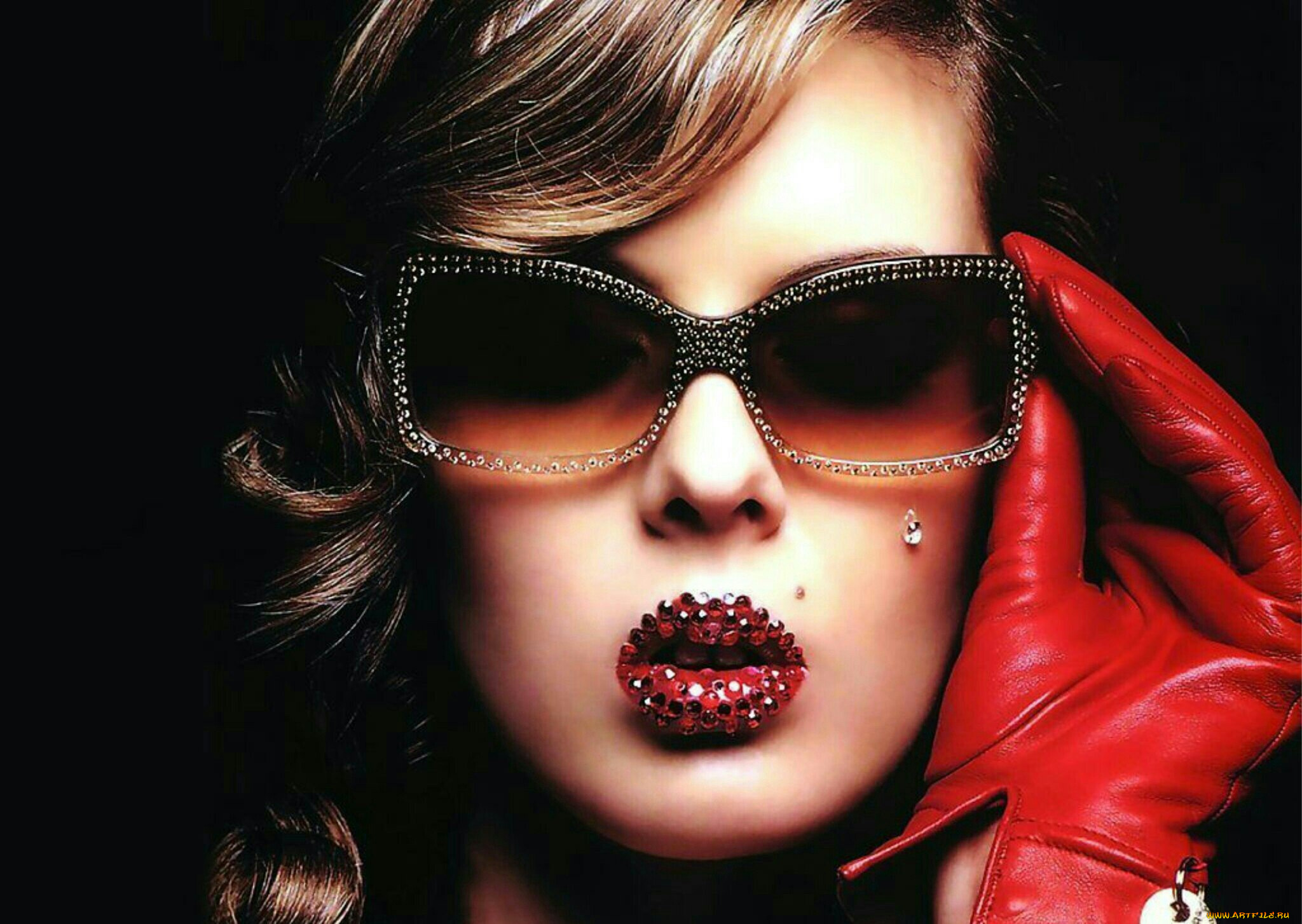 девушки, -, лица, , портреты, блондинка, лицо, очки, стразы, перчатки