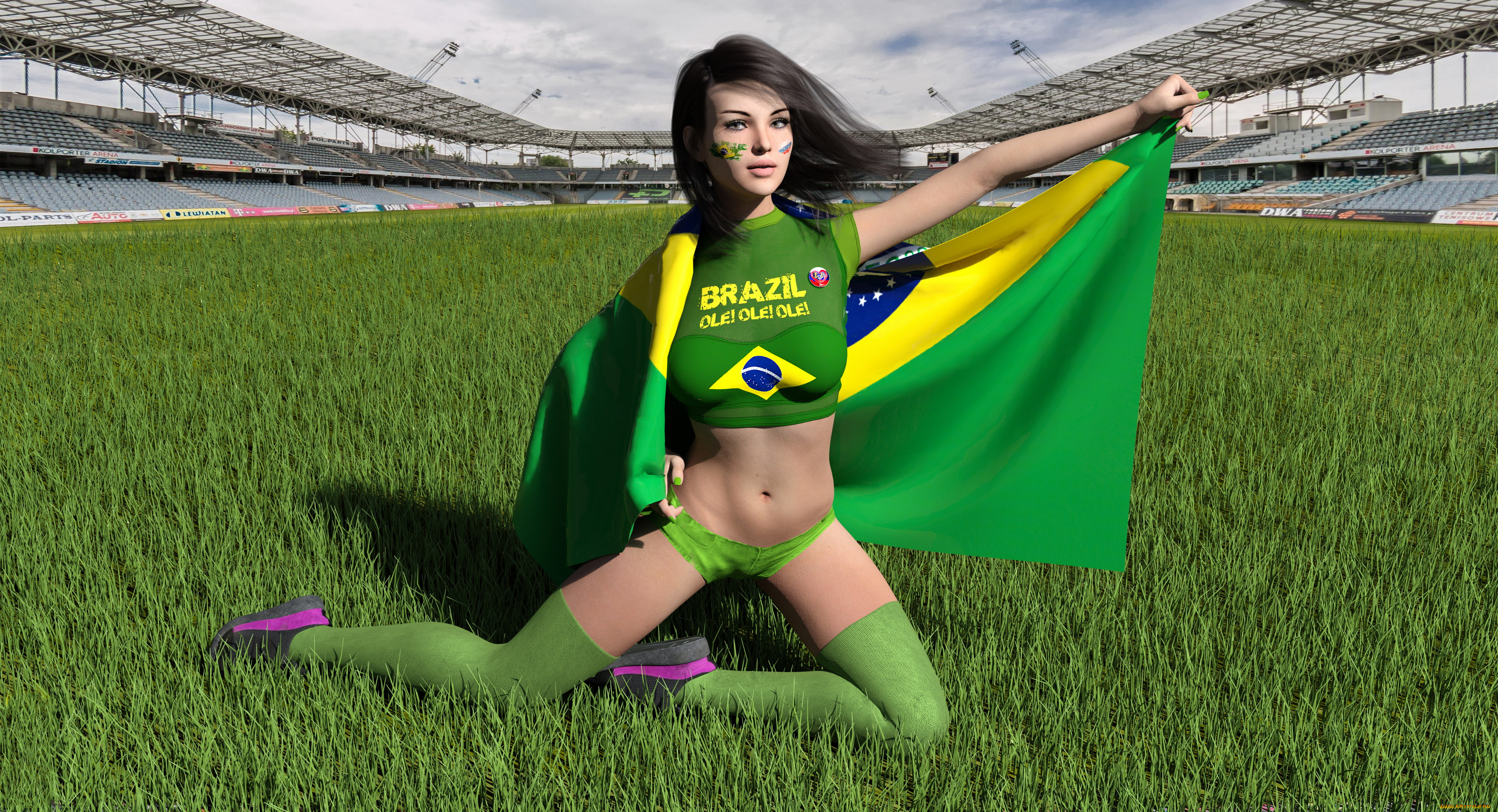 3д, графика, спорт, , sport, девушка, фон, взгляд, униформа, поле, трава