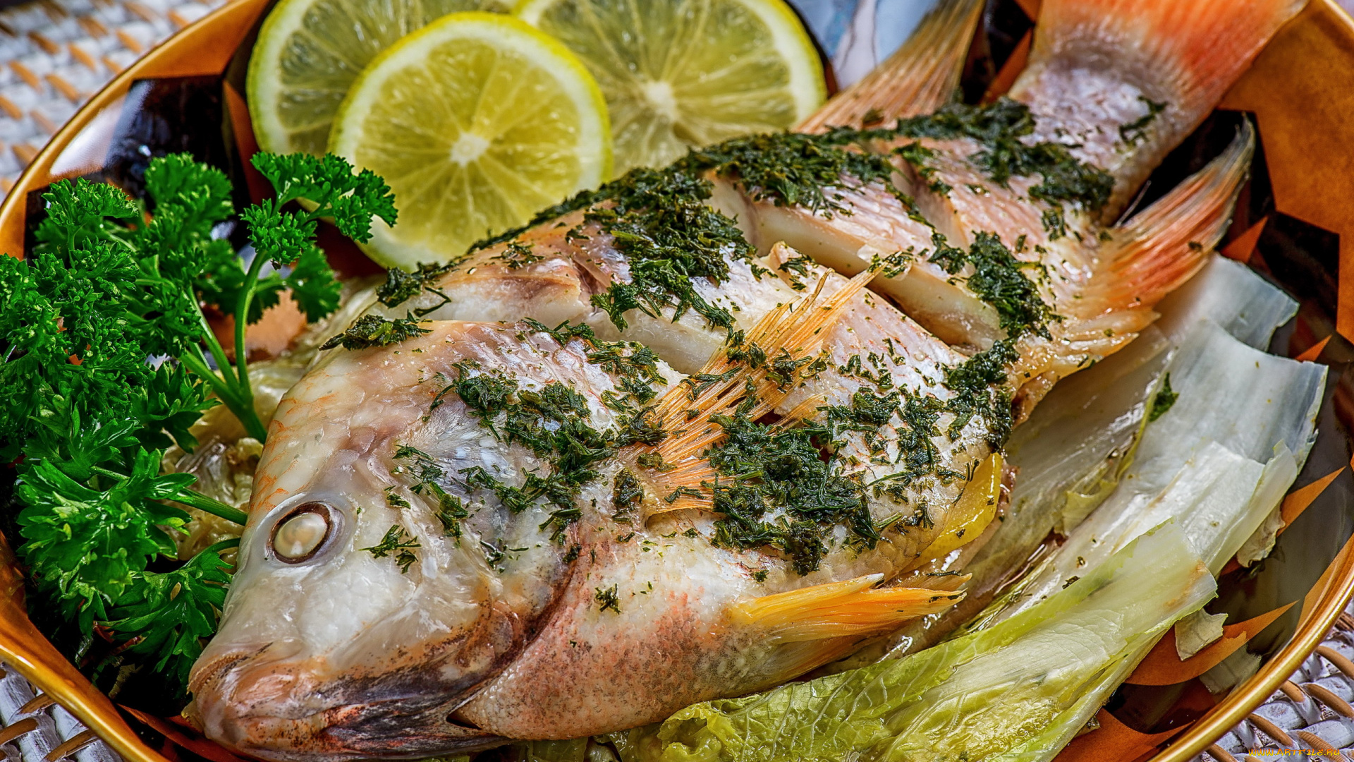 еда, рыбные, блюда, , с, морепродуктами, петрушка, запеченная, рыба, лимон