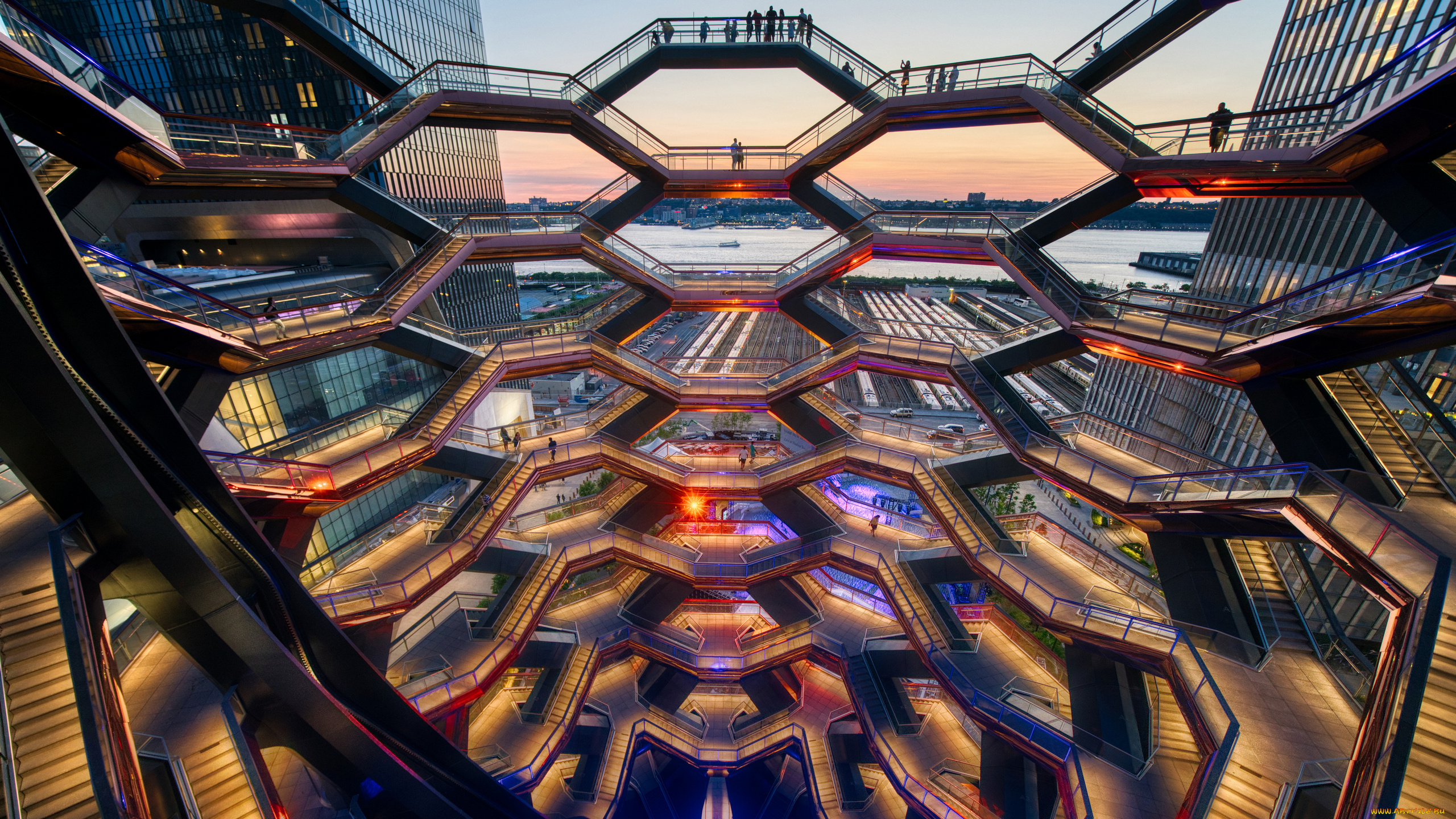 города, нью-йорк, , сша, фотография, hudson, yards, vessel, нью, йорк, архитектура, город, сияние, заката