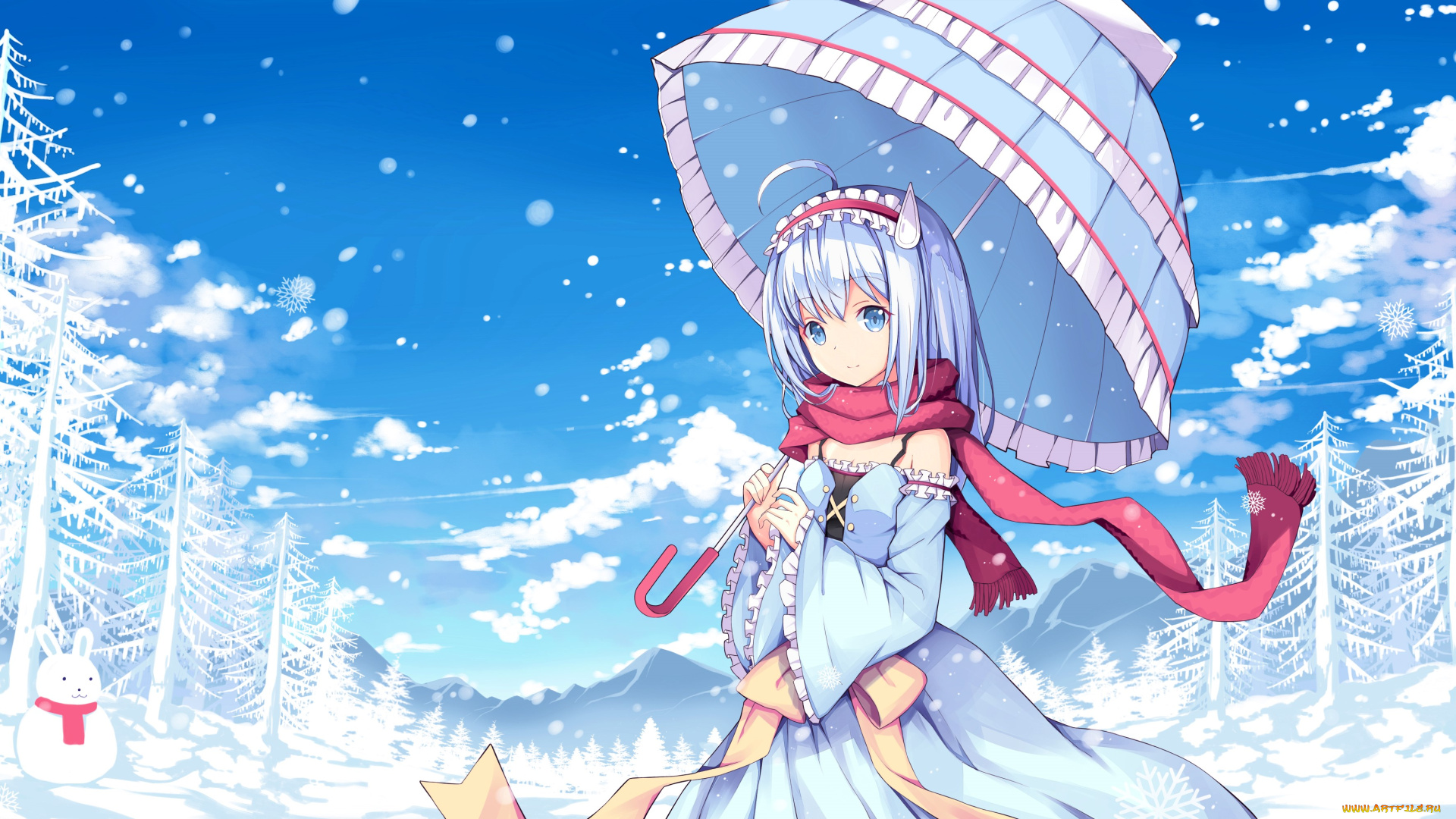 аниме, зима, , новый, год, , рождество, девочка, шарф, зонт
