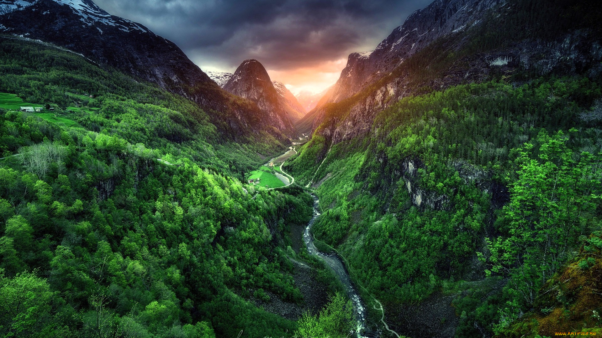 природа, реки, озера, горы, тучи, река, лес