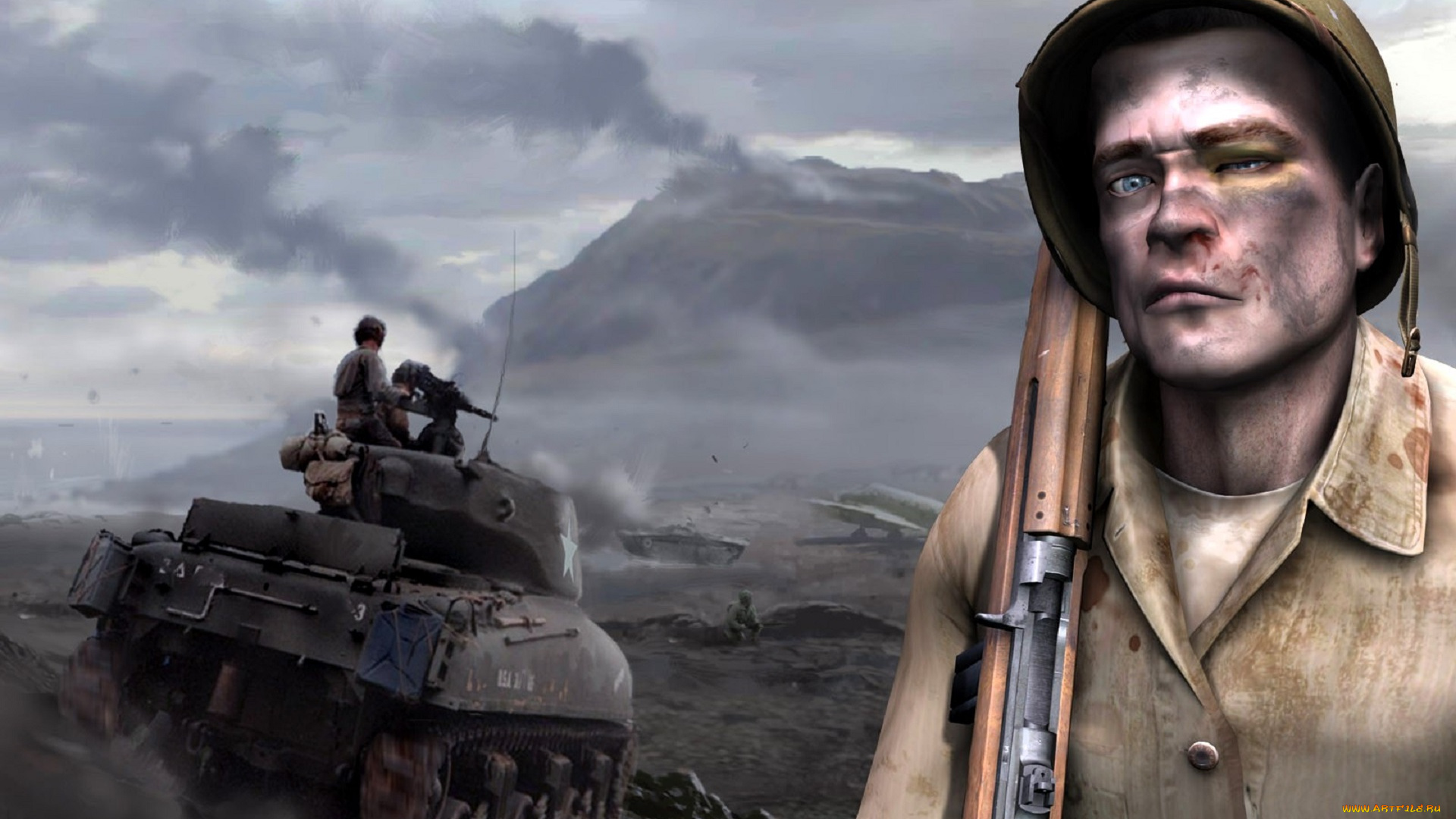 видео, игры, medal, of, honor, , pacific, assault, солдат, лицо, каска, ружье, танк, горы