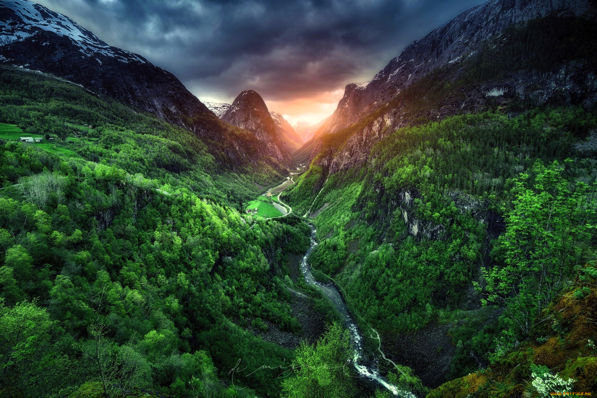 природа, реки, озера, горы, тучи, река, лес