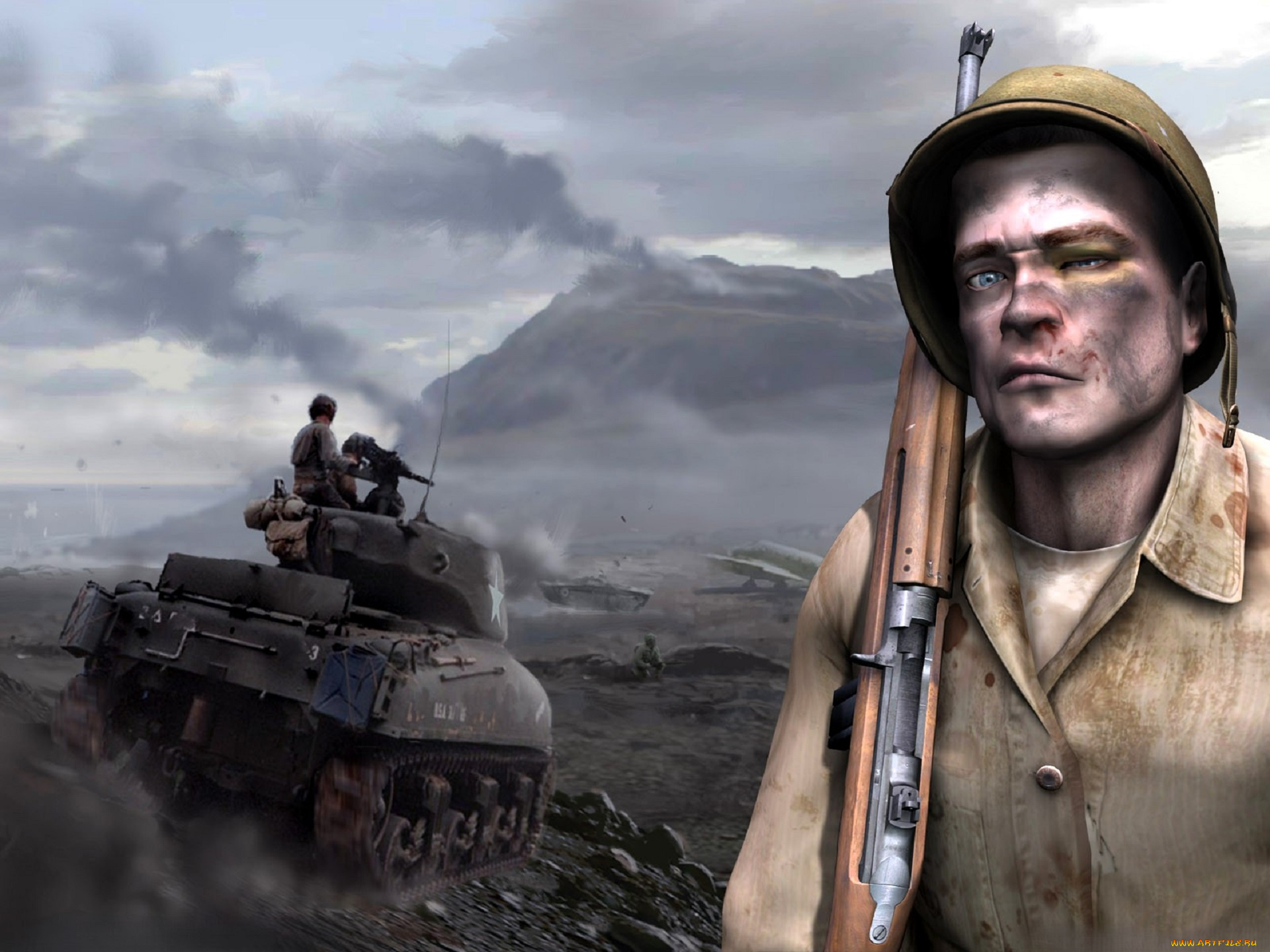 видео, игры, medal, of, honor, , pacific, assault, солдат, лицо, каска, ружье, танк, горы